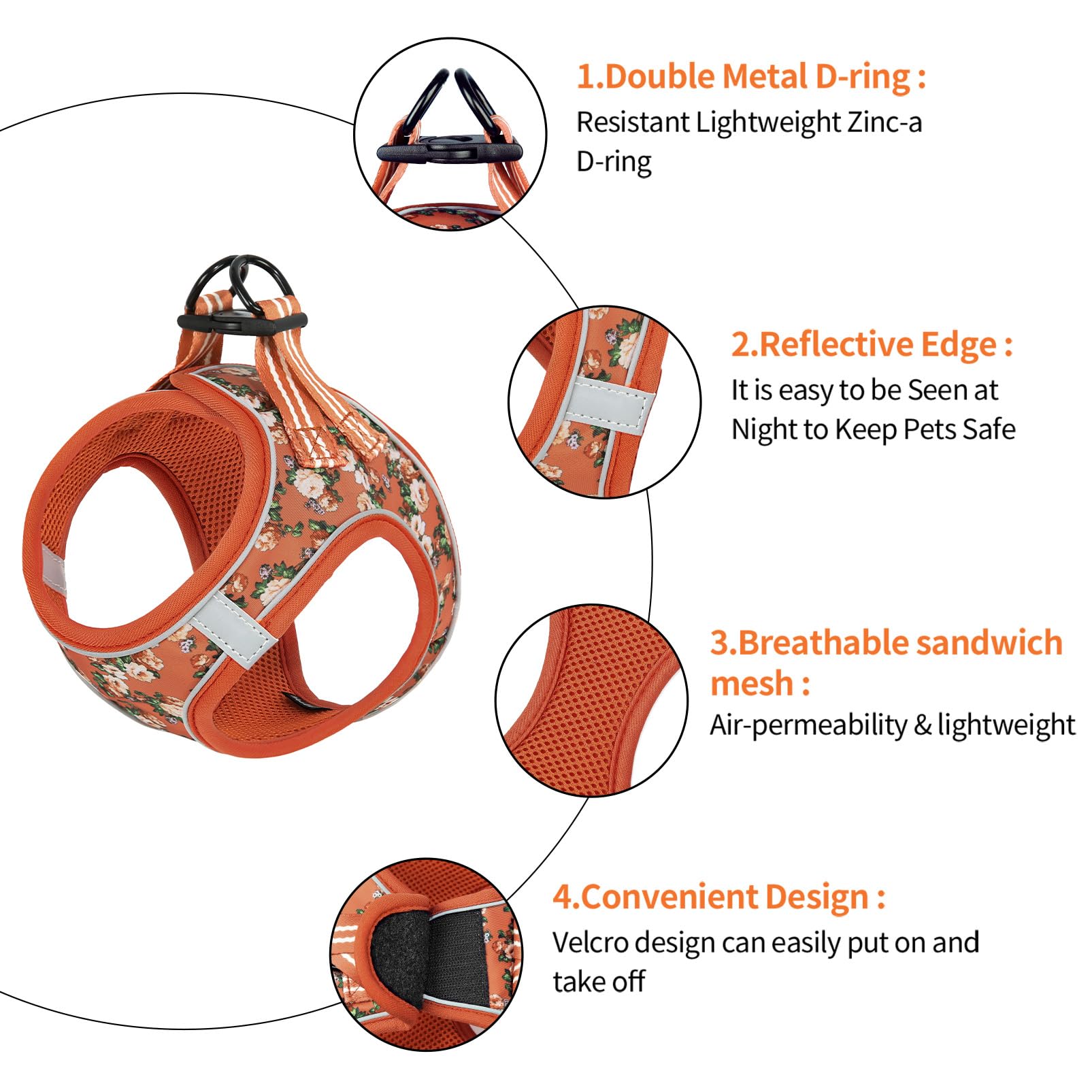 HEELE HEELE Dog Harness Padded Mesh Soft Puppy Vest Breathable Adjustable Reflective Interior for Walking Running Training Orange Flower XS in use