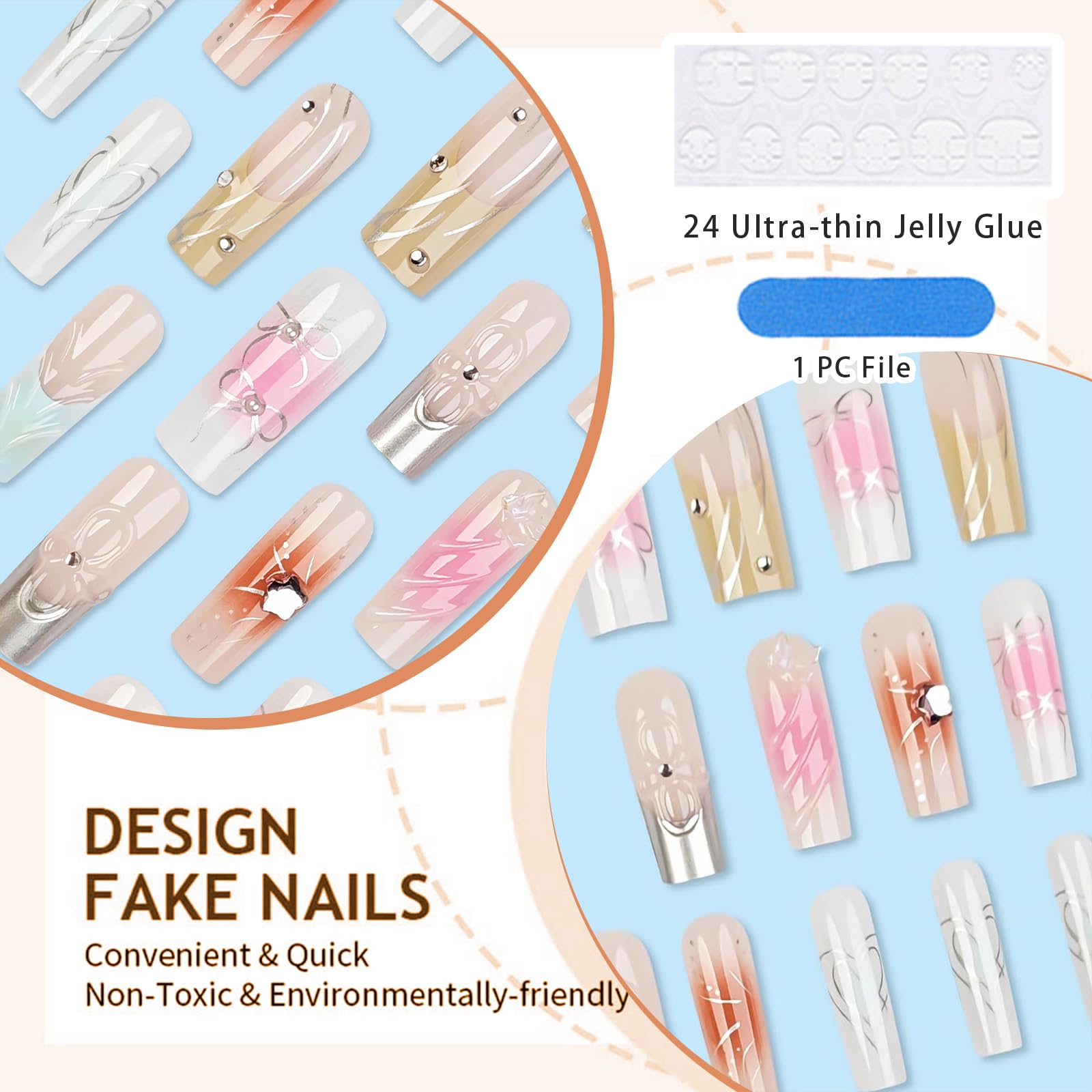 GlamRays French Press on Nails Square Butterfly Pearls Long Nail Press Ons 3D Stripe Design False Nails Full Cover Artificial 24 PCS - Image 3