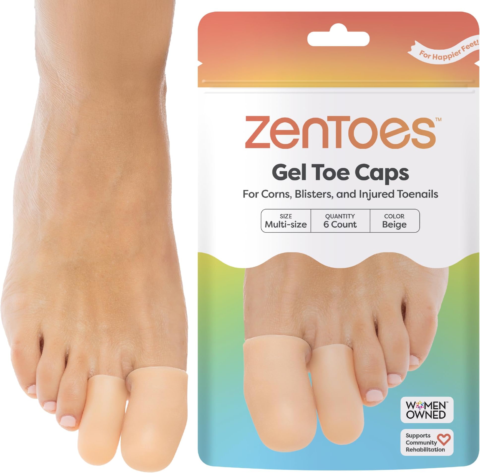 ZenToes Gel Toe Caps – Silicone Toe Protectors for Cushioning & Nail Coverage – Relief from Missing or Ingrown Toenails, Corns, Blisters or Hammer Toes, Reusable Daily Wear, 6 Pack (Variety, Beige)