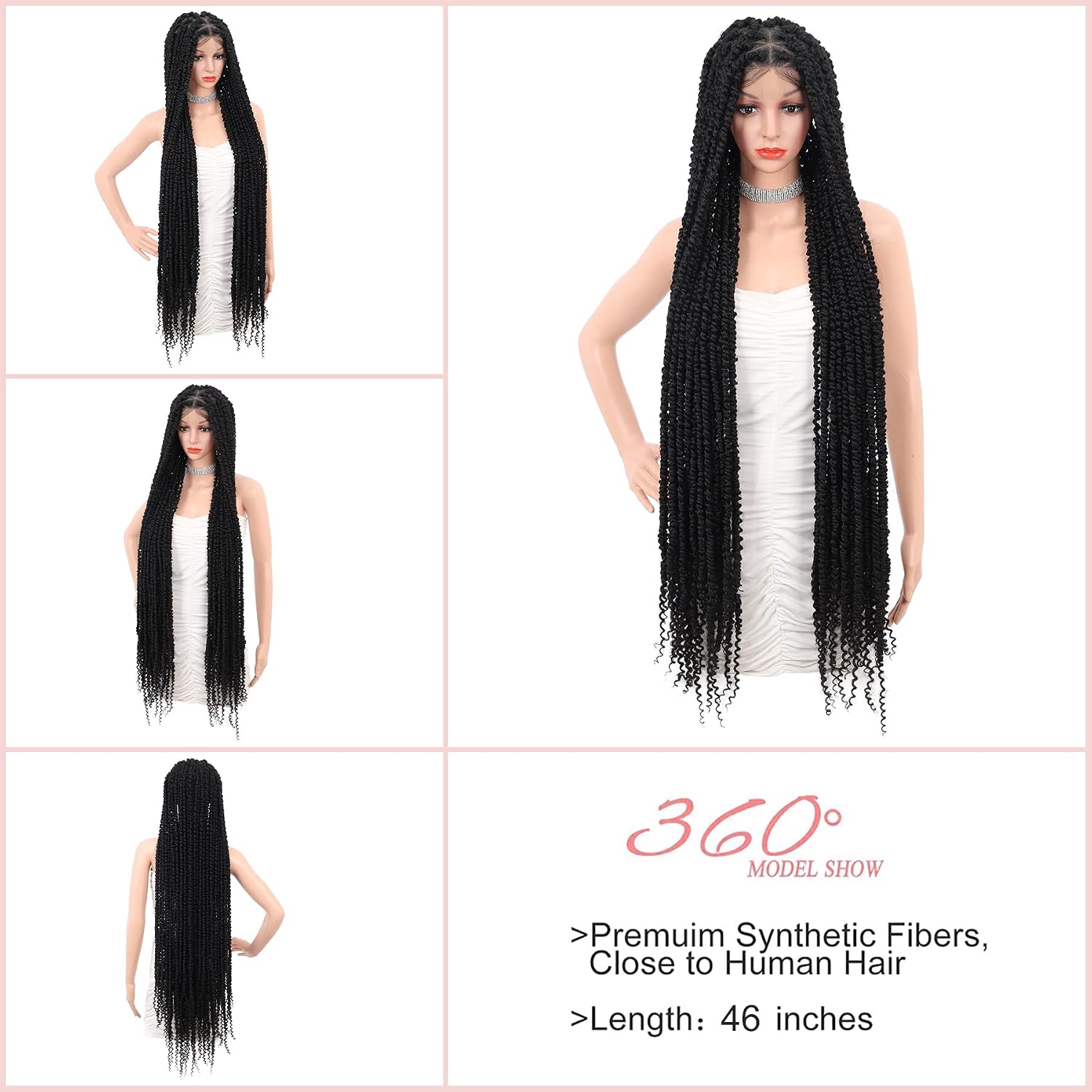 Kalyss Full Double Lace Front Knotless Braided Wigs for Women Twist Braided Wig Human Hair Blended Long Black Braided Wigs with Baby Hair 46"