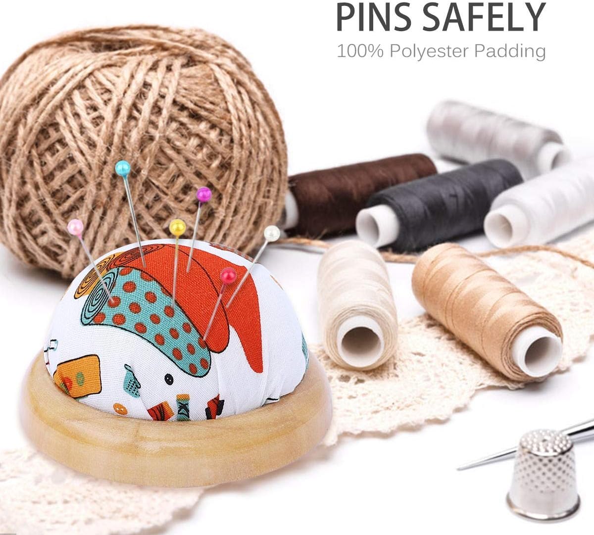 eZAKKA Pin Cushion Sewing Pins Needle Holder Wooden Base Pincushions for Sewing (Sewing Necessities Pattern White)