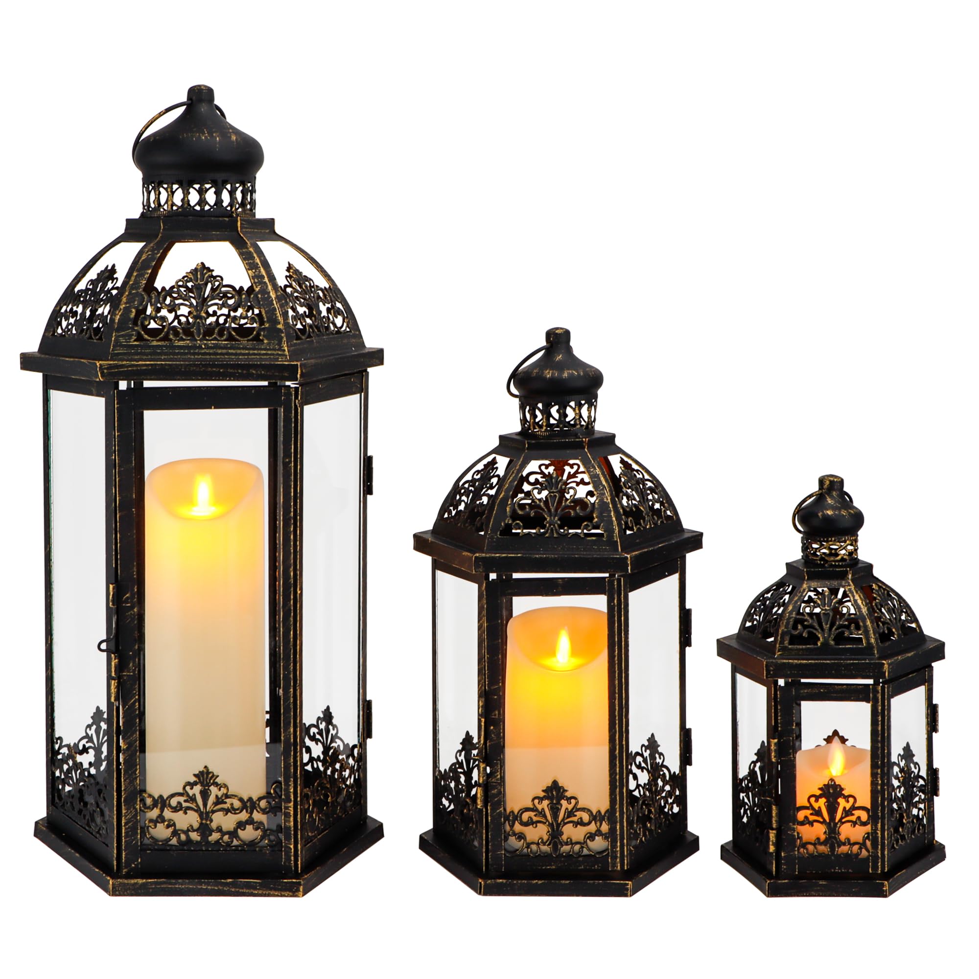 TRIROCKS Large Set of 3 Decorative Lanterns 48 & 34 & 24.5 cm H Vintage Hanging Lantern Metal Candleholder with Tempered Glass for Indoor Outdoor Home Decor Parties Garden(Black with gold Brush)