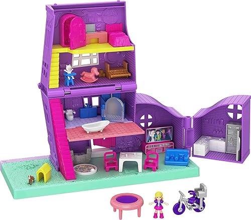 Polly Pocket Casa de muñecas con micro muñeca, bicicleta de juguete y accesorios de muebles, juego transformador de la casa de bolsillo de Pollyville