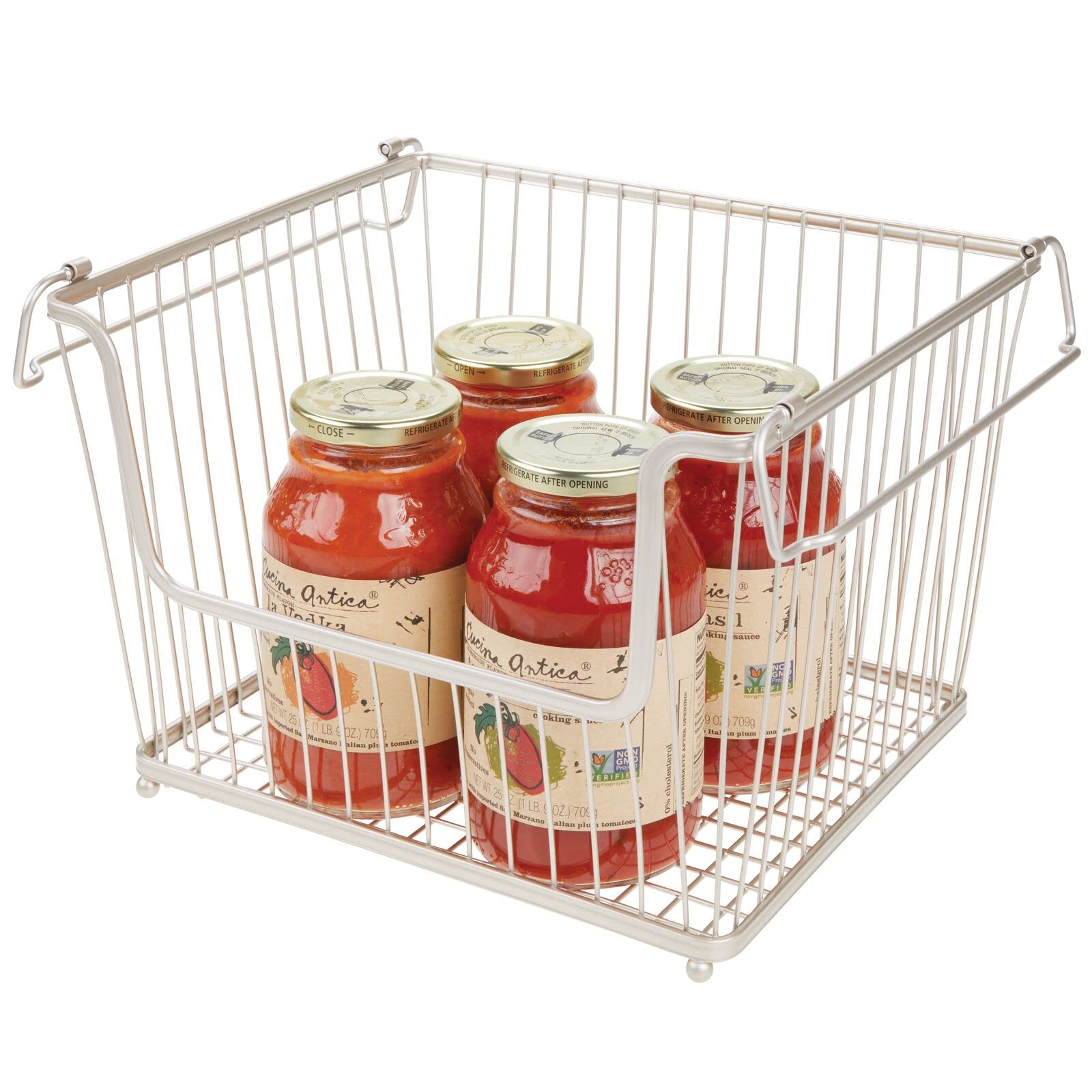 mDesign Moderno cestino portaoggetti in metallo – Grande organizer cucina con manici – Contenitore cucina capiente impilabile – Set da 6 – argento opaco