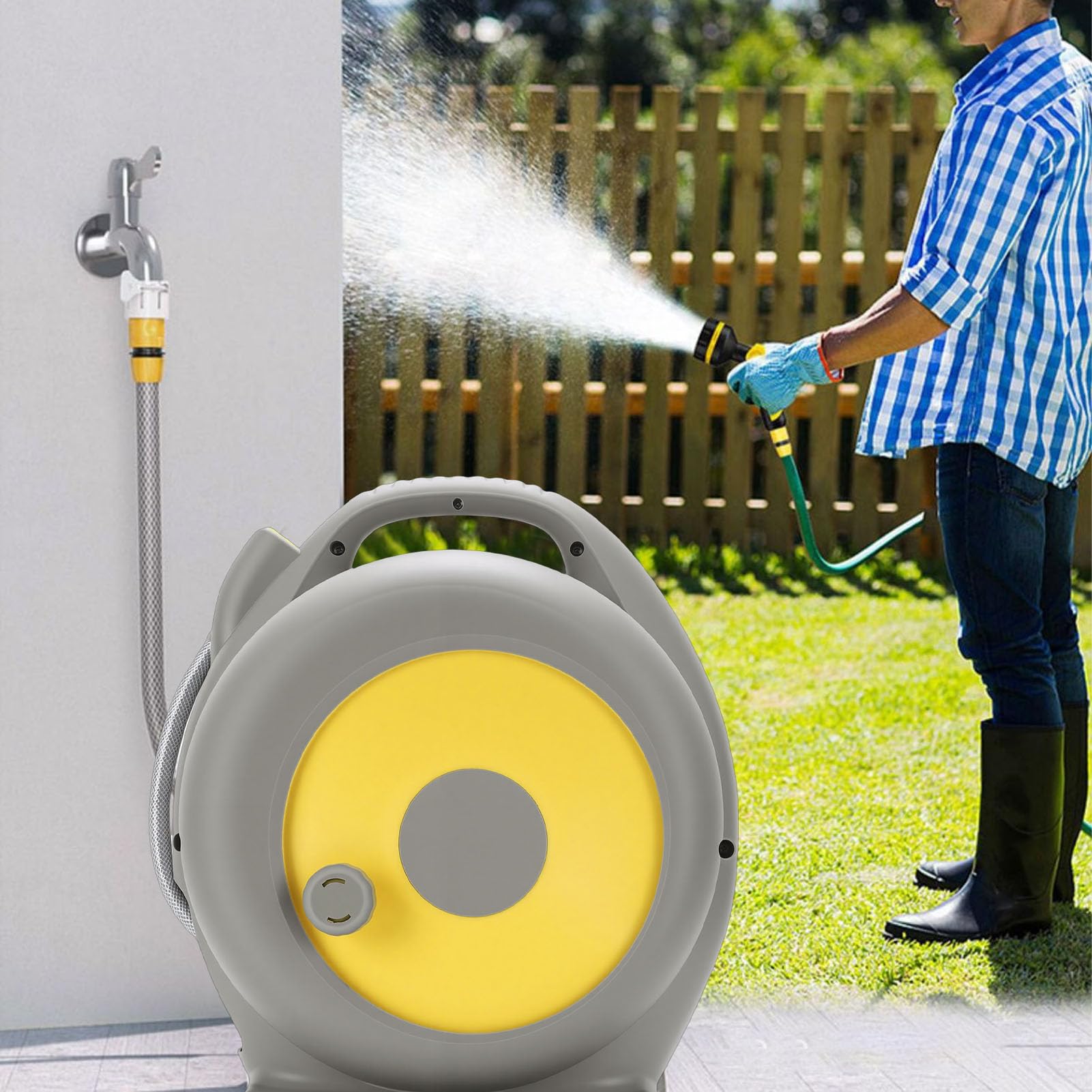 Yctze Avvolgitubo da Giardino Retrattile da 15 M, 10 modalità di Spruzzo Avvolgitubo da Giardino con Riavvolgimento Automatico, Montato a Parete, Ideale per Irrigazione, Lavaggio Auto, Bagno per