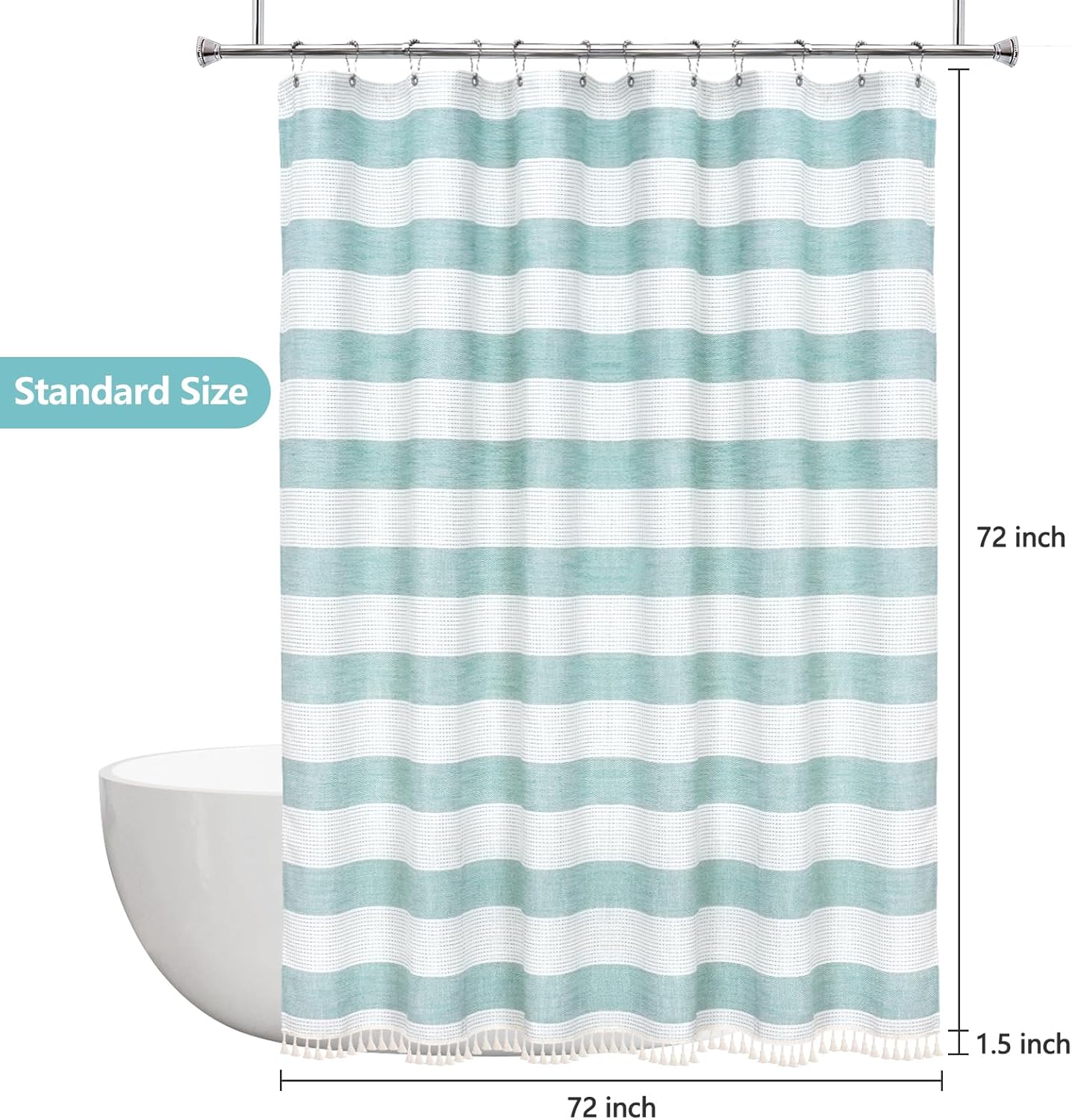 Seenus Boho Chic Thick Teal Shower Curtain with Tassels, 350GSM Cotton Linen Soft Fabric Shower Curtain Aqua Green, 72 x 72 Inch Heavyweight Elegant Farmhouse Bathroom Decor Curtain French Country