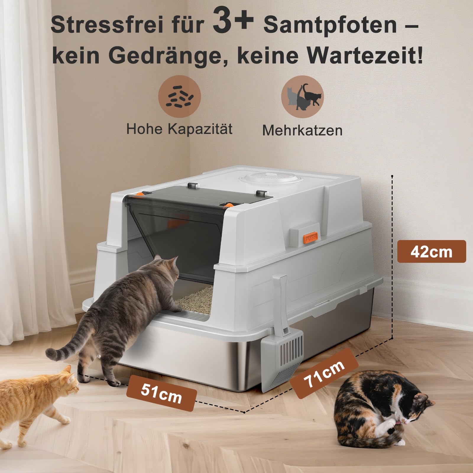 MIXJOY Caja de arena para gatos de acero inoxidable, XXL, protección contra fugas, 50 l, con tapa