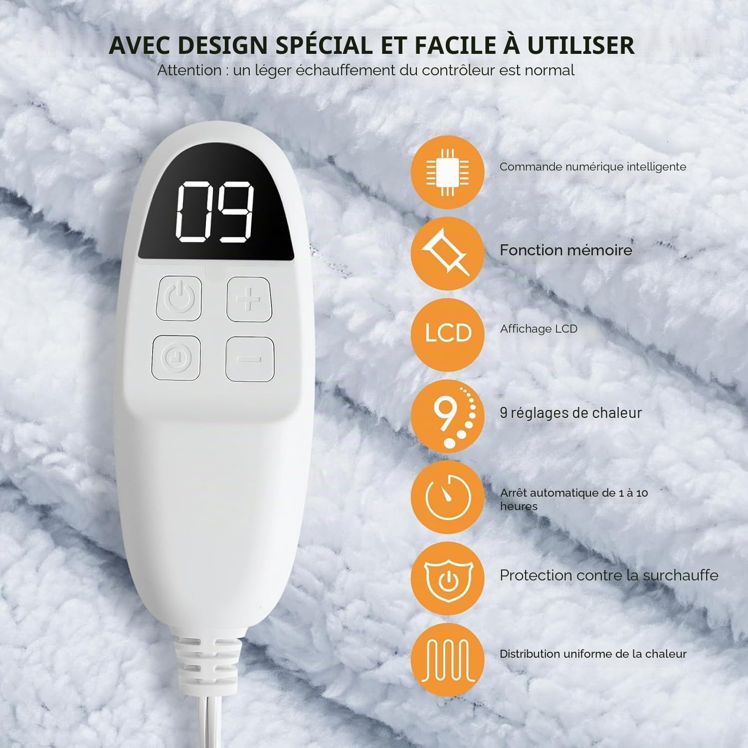 Couverture Chauffante 180x130cm avec Arrêt Automatique 9 Niveaux de Chauffage & 10 Minuteurs Protection Surchauffe Lavable pour Maison & Bureau Bleu Marine