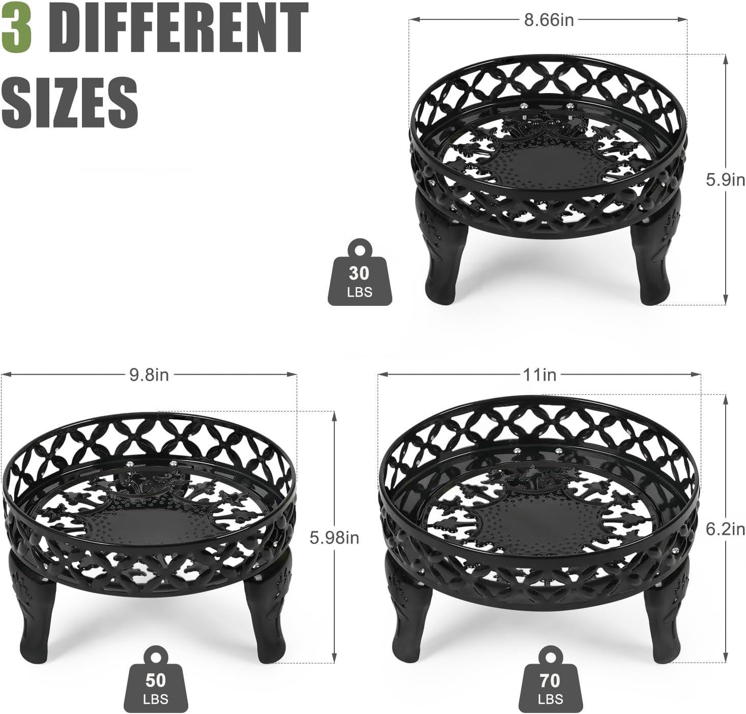 3 Pack Metal Plant Stands Indoor Outdoor, Heavy Duty Iron Flower Pot Stand for Multiple Plants, Rustproof Low Round Plant Holder for Garden, Patio, Home