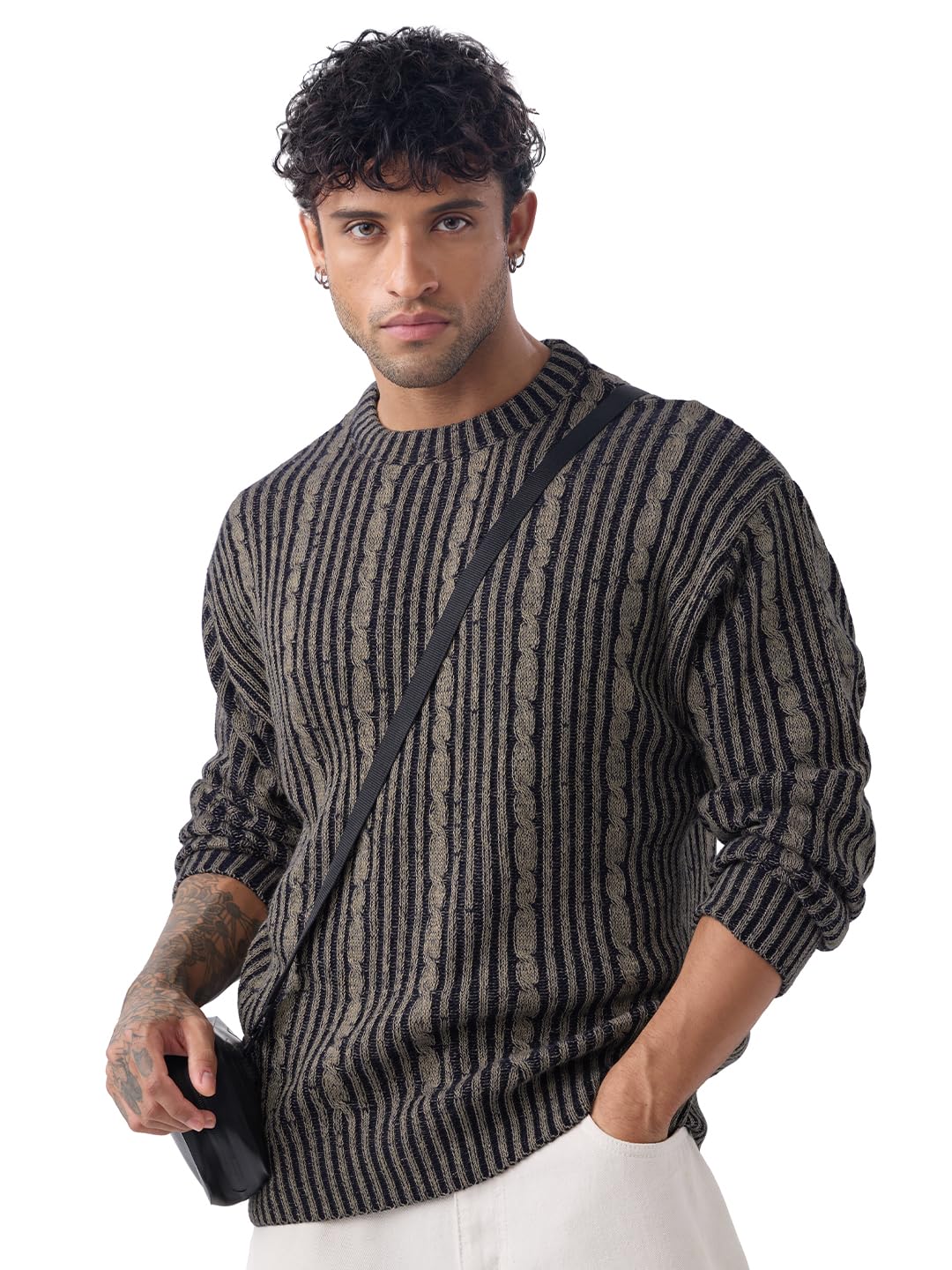 the souled store Oversized Sweater: Gradient Men and Boys Long Sleeves Round Neck Grey Striped Acrylic Oversized Pullovers-picture-48