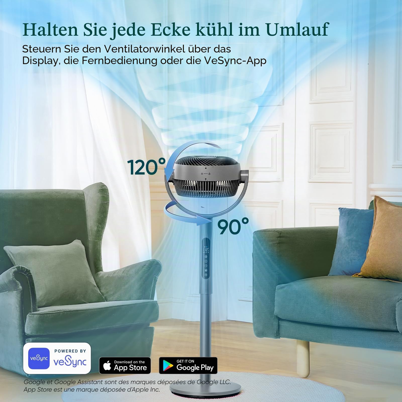 LEVOIT 20 dB, intelligenter Standventilator, DC-Motor, niedriger Stromverbrauch, mit WLAN, 4 Modi und 12 Windgeschwindigkeiten, 30 m Wind, 12 Stunden Timer, 90 ° + 120 ° Oszillation