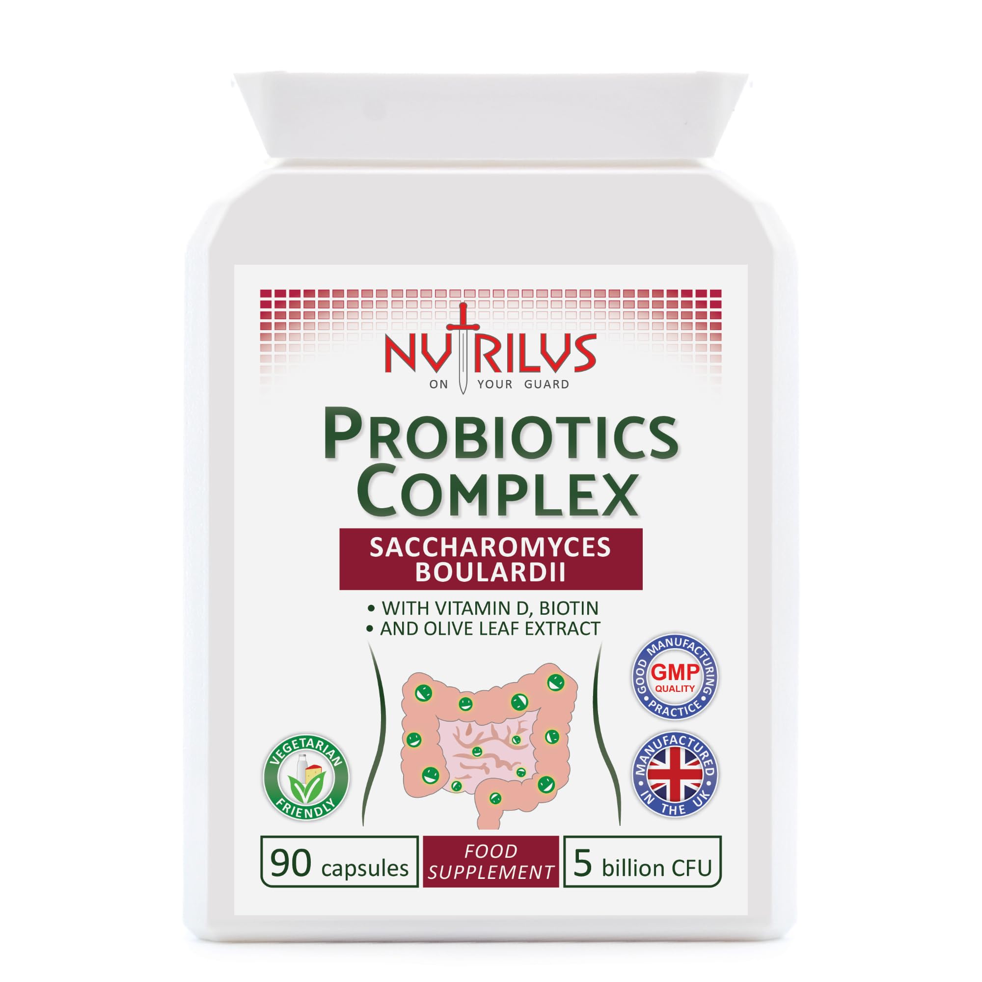 Probiotics Complex Saccharomyces Boulardii 90 Capsules 5 Billion CFU - Biotin, Vitamin D, Olive Leaf - Digestive - Hangover - Gut Flora Balance
