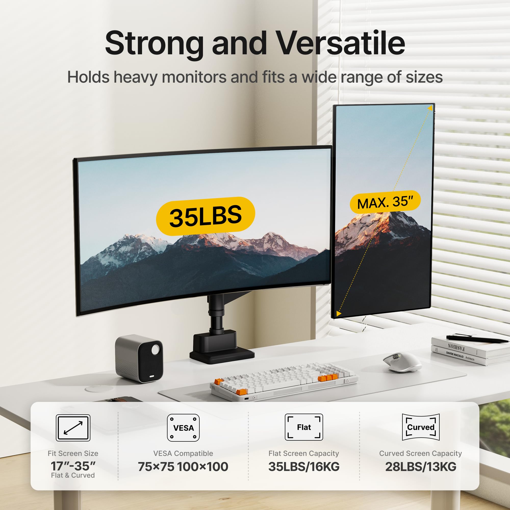 monTEK Supporto doppio monitor per schermi da 17 a 35 pollici, braccio per doppio monitor regolabile in altezza, braccio per monitor inclinabile, girevole e rotante, fino a 16 kg, supporto per