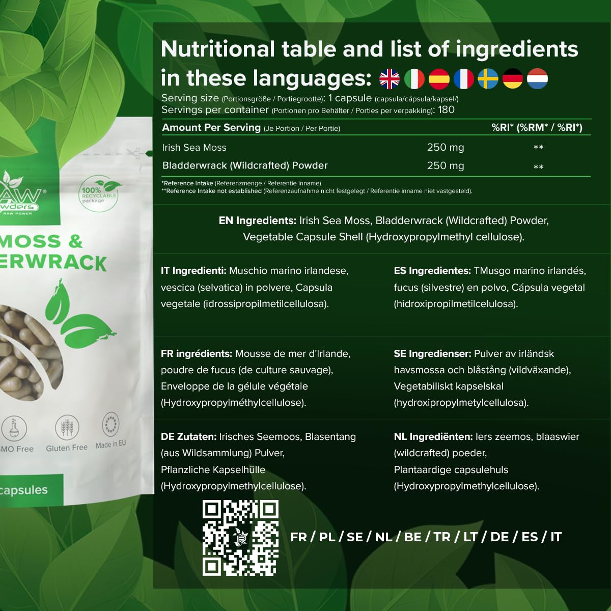 Irish Sea Moss Kapseln mit Blasentang – 180 vegane Kapseln – Nährstoffreiches Superfood – 45–60 Tage Vorrat – Ohne Zusatzstoffe – Hergestellt in der EU – RAW Powders