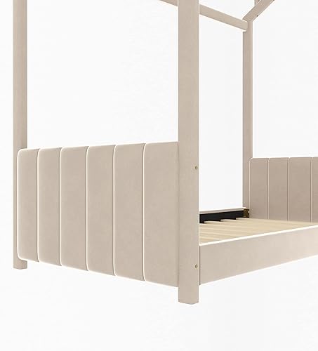 Miniatura 4 de MERITLINE Marco de cama individual para niños, cama Montessori de terciopelo con techo, cama de piso individual de madera para niñas y niños, no