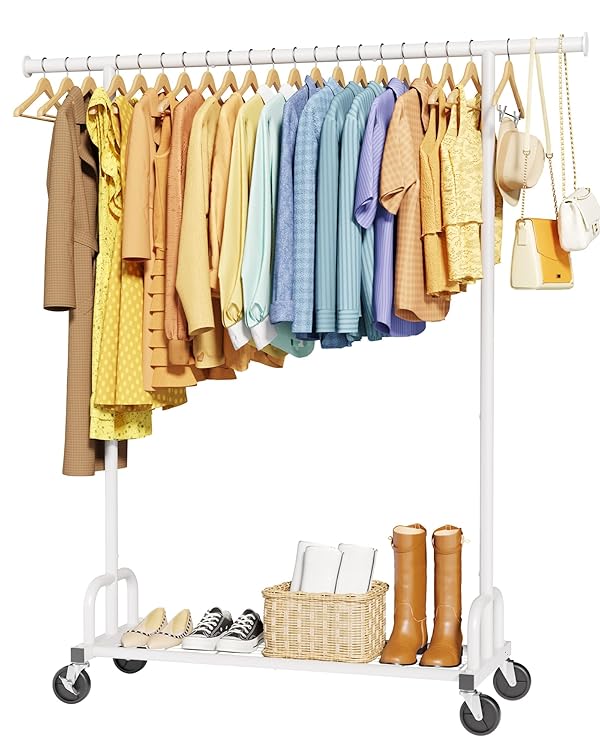 Sakugi Clothes Rack - Large-Capacity Clothing Racks for Hanging Clothes with Lockable Wheels, Space-Saving Metal Coat Rack for Bedroom, Laundry Room, Entryway, 45.6" x 16.9" x 59", White by Sakugi - Used condition - US$36.66