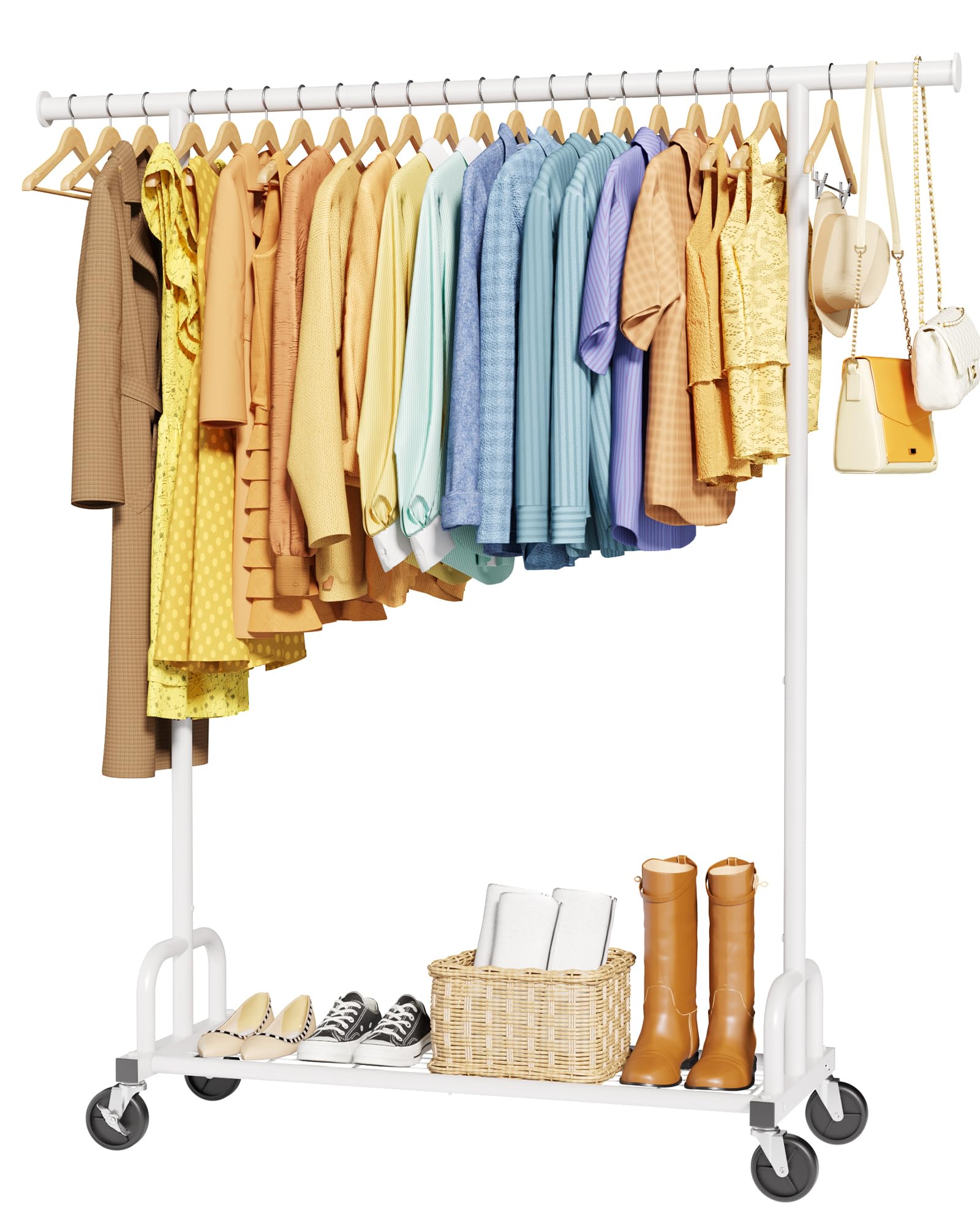 Sakugi Clothes Rail – Heavy Duty Clothes Rack with Wide Fixed Rod, Built-In Mesh Shelf, Space-Saving Clothing Rail for Bedroom, Laundry Room, Entryway, 116 x 43 x 150 cm, White