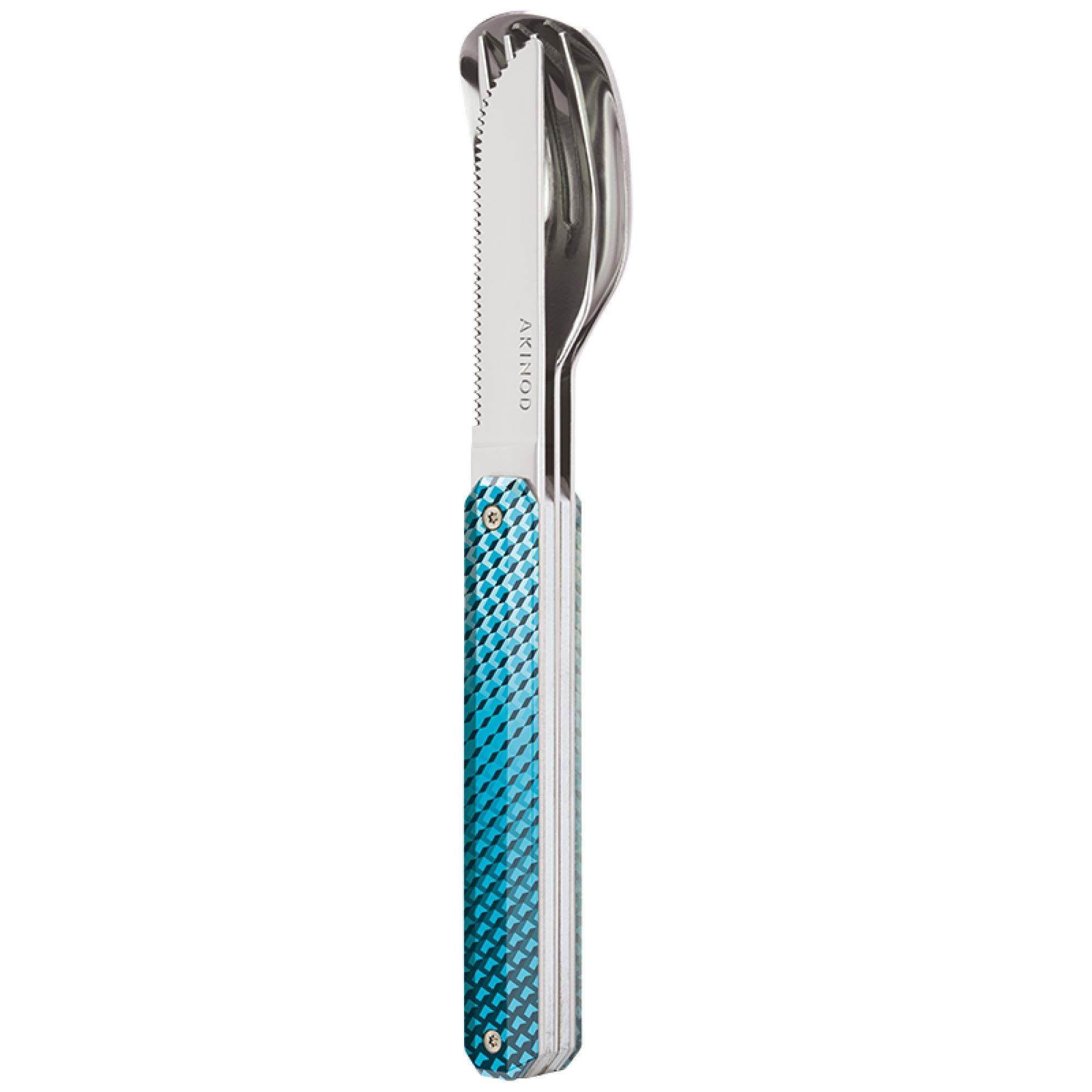 Akinod - Juego de cubiertos fijo 12H34 Mosaic azul con tenedor, cuchillo y cuchara - Cubiertos de acero inoxidable - magnéticos para llevar - de viaje compactos, duraderos y elegantes