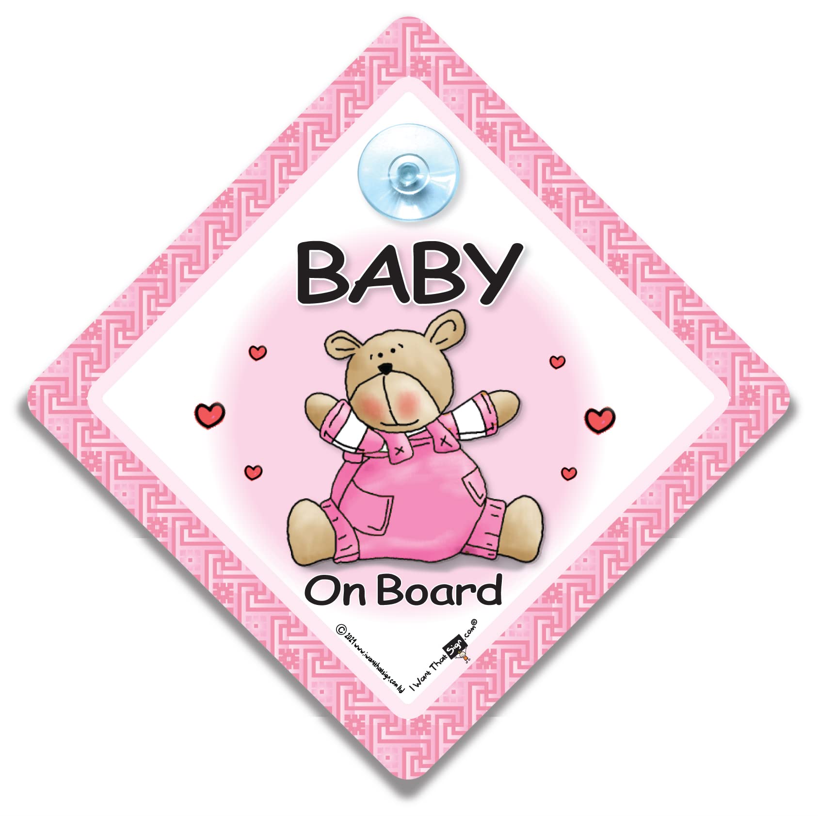 Iwantthatsign.com Pink Baby On Board Sign Bear, Baby On Board Sign, Grandchild On Board Car Window Sign, High Visibility Advisory Car Sign Designed To Let Other Road Users A Child Is In The Car, 14 Cm X 14Cm X 2Cm