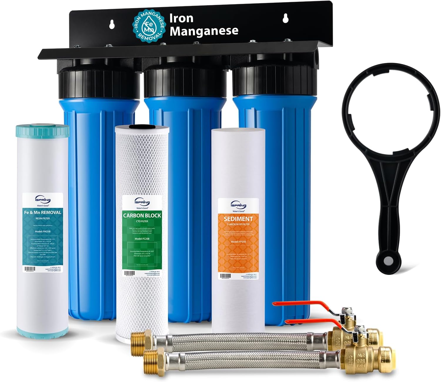 iSpring WGB32BM 3-Stage Whole House Water Filtration System (w/ 20โ x 4.5โ Sediment, Carbon, and Iron & Manganese Reducing Filters) w/ 3/4'' Push-Fit Braided Stainless Steel Hose Connectors
