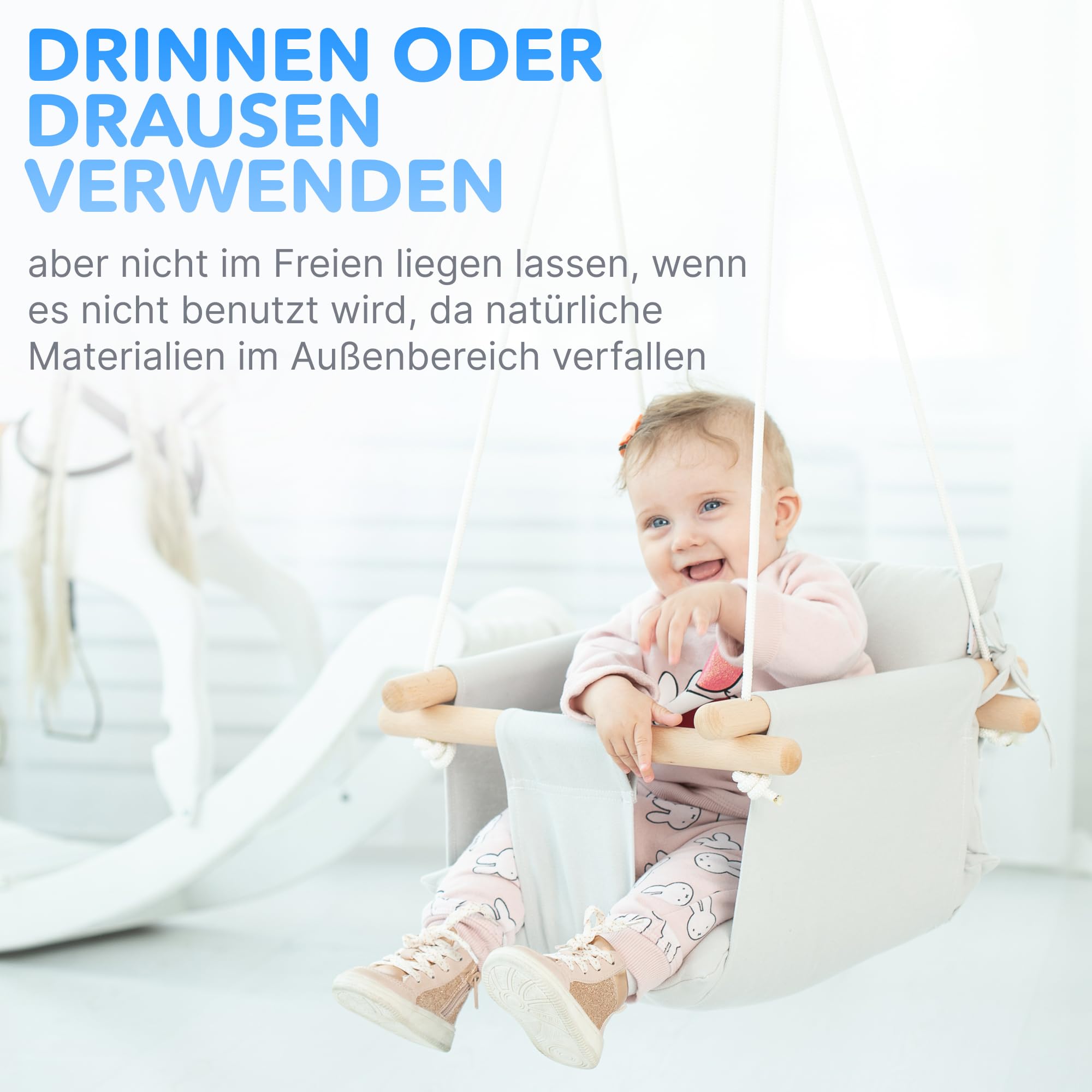 Cateam Babyschaukel Holz, Hängeschaukel mit 5-Punkt-Sicherheitsgurt, Indoor Outdoor, Kinderschaukel ab 12 Monate, Grau