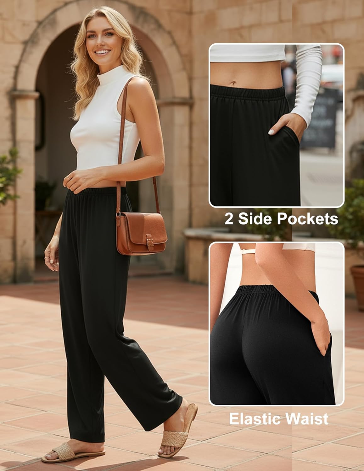 Ekouaer Soft Pajama Pants for Women, Elastic Waist Casual Lounge Yoga Pj Bottoms with Pockets - Image 3