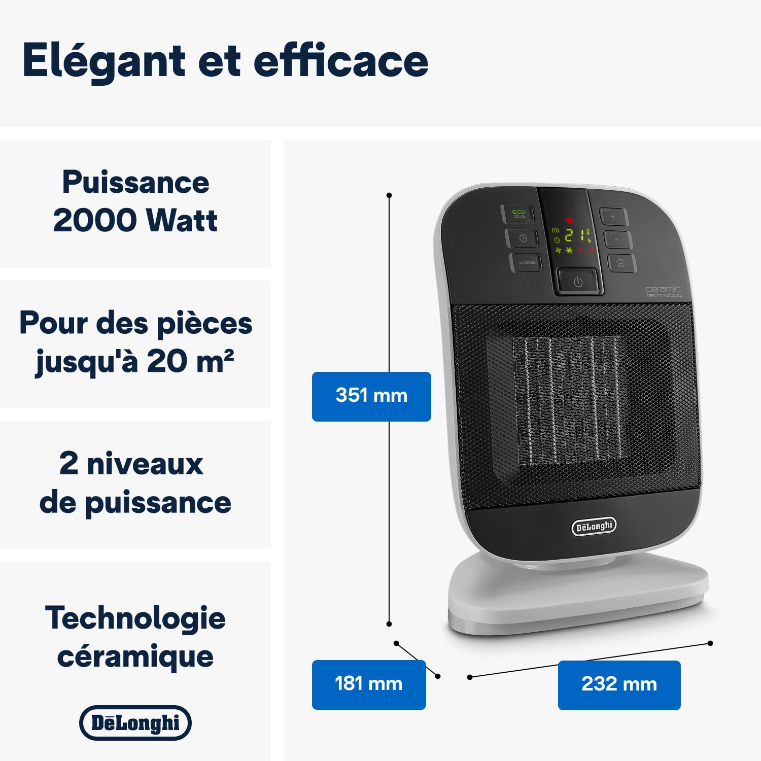 De'Longhi HFX60V20 Radiateur ventilateur vertical, technologie céramique, silencieux, 2 niveaux de puissance, ventilation d'été, minuterie 24H, fonction Eco-énergie, lumière, anti-basculement, léger,