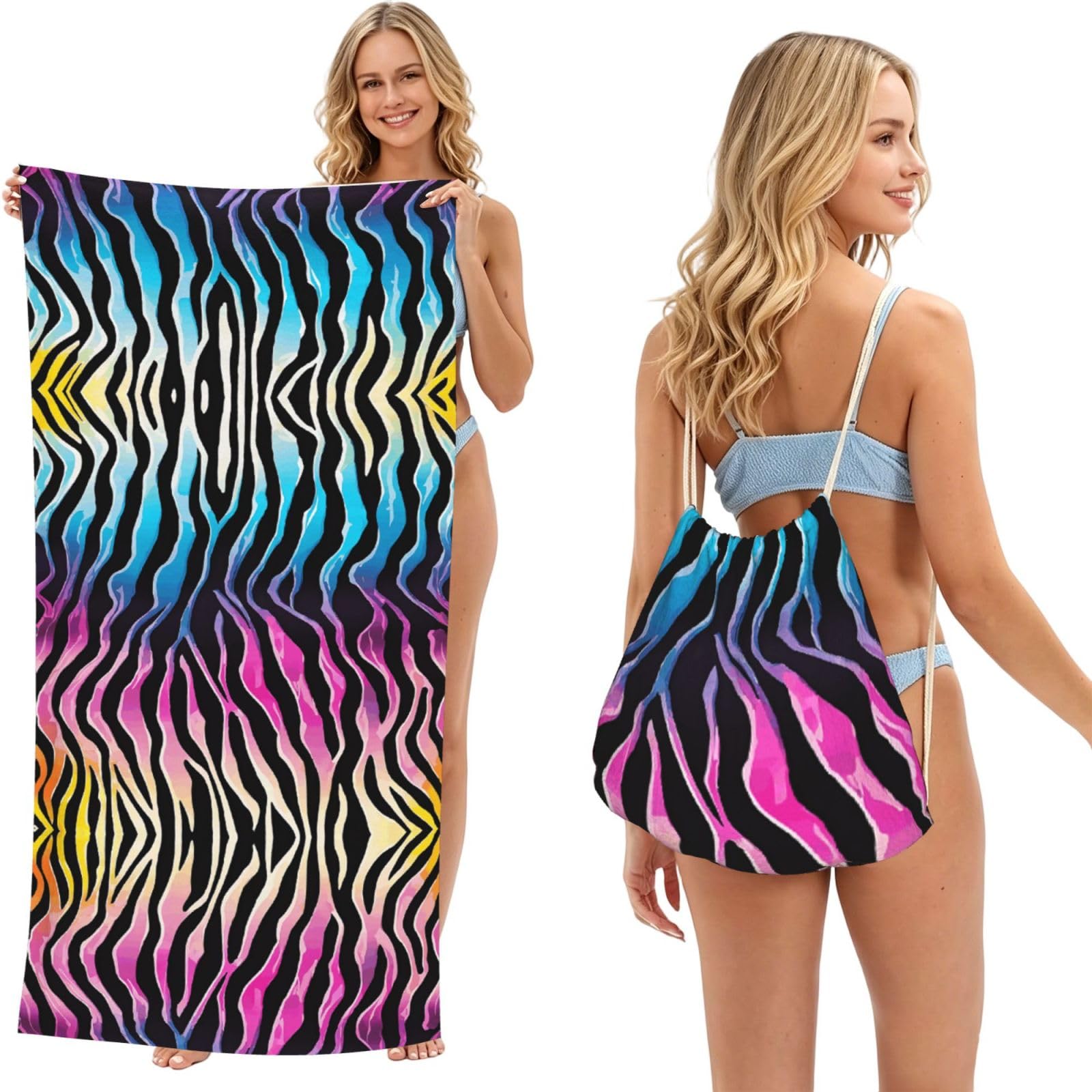 EZDLOWVBA Colorful Rainbow Zebra Print Beach Towel Backpack 2 In 1 Summer Large Lightweight Beach Towel - Multifunctional Ship Pattern Towel Bag For Storage,Sport