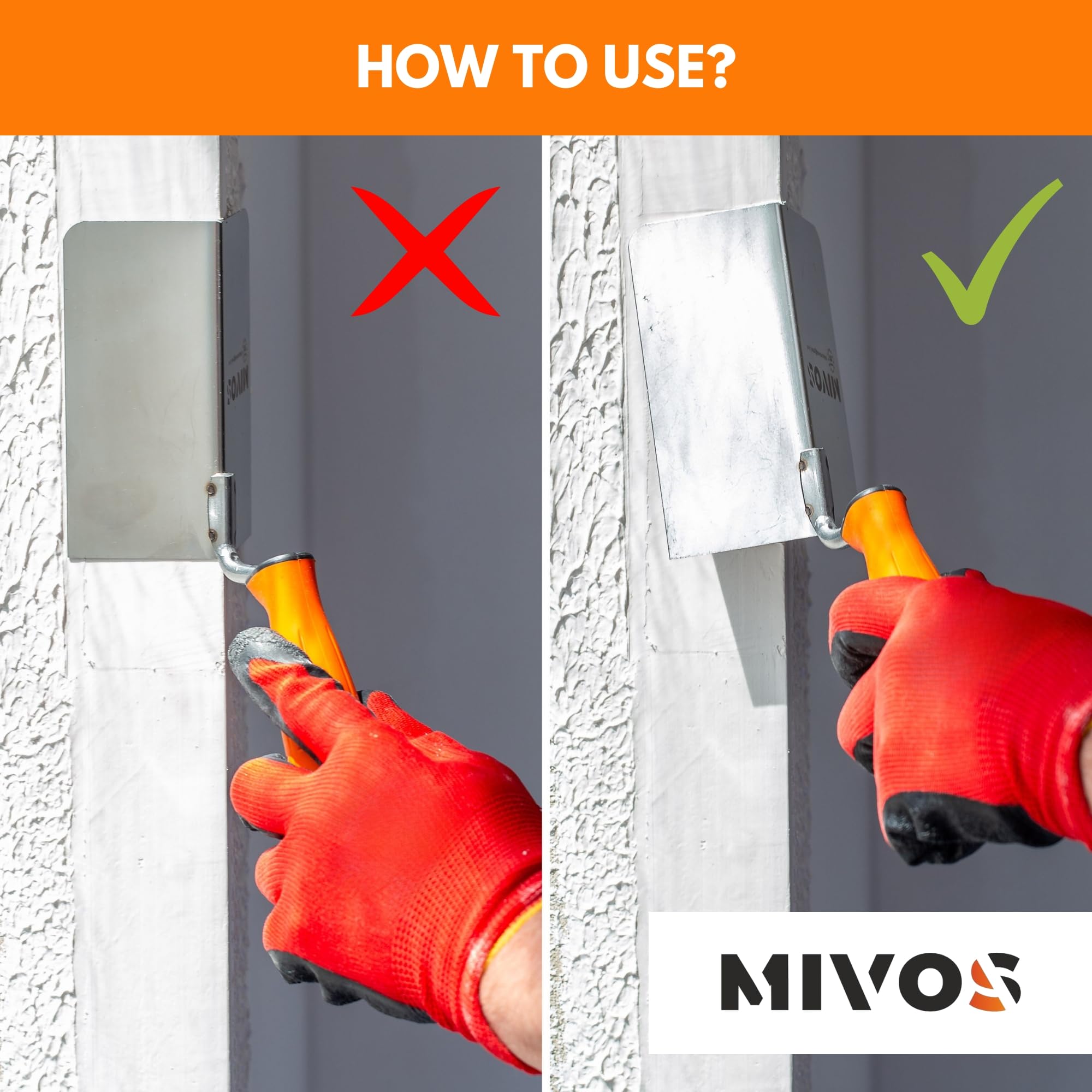 Mivos 2 x kielnia narożna ze stali nierdzewnej 120 x 60 mm – kielnia narożna wewnętrzna i zewnętrzna ze stali nierdzewnej – do wewnątrz i na zewnątrz z miękkim uchwytem – szpachelka narożna Made in EU