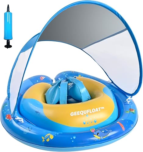 Miniatura 4 de Flotador de natación para bebé, diseño antivuelco, flotadores extra anchos para bebés de 6 a 12 meses, flotador de piscina infantil y toldo de Azul