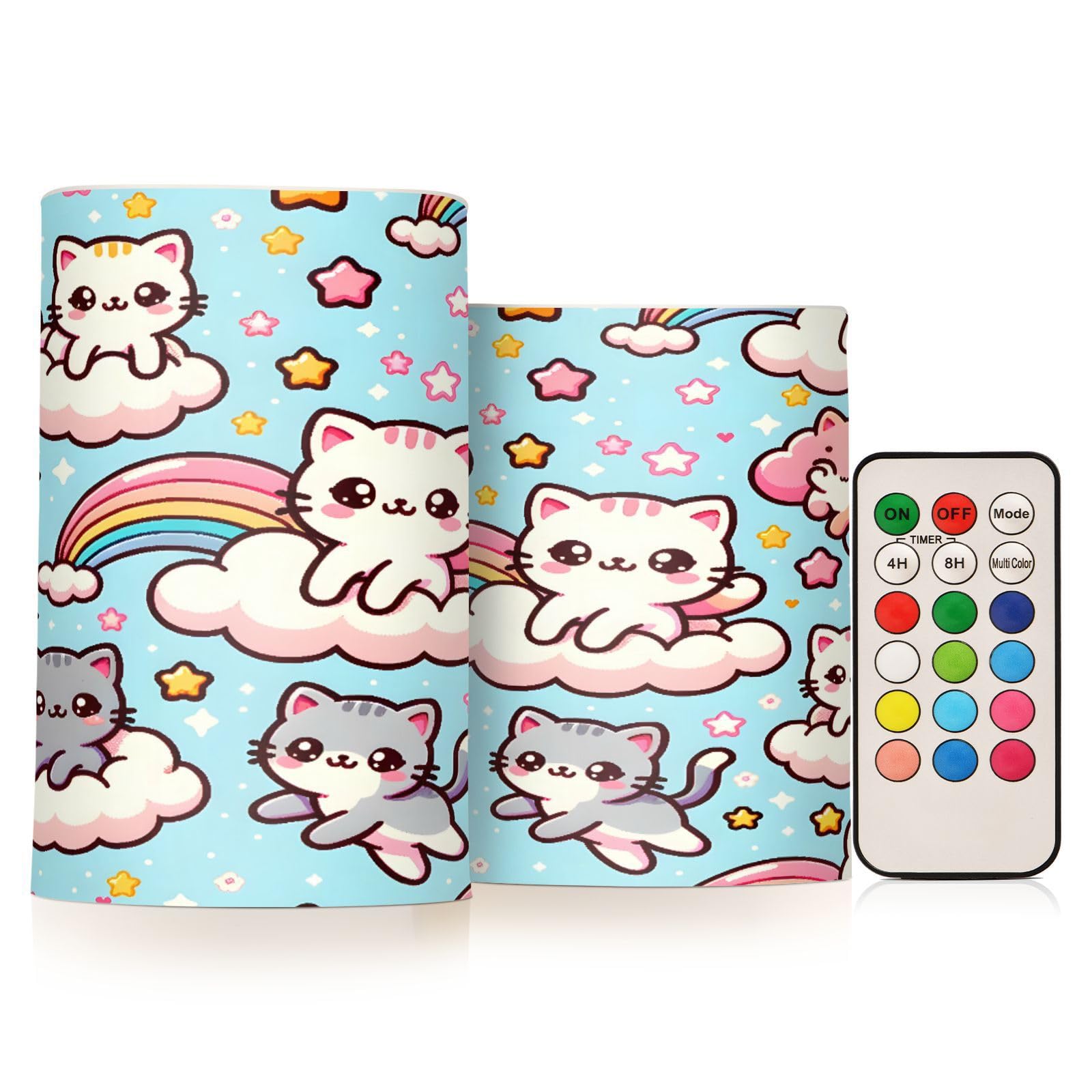 ALAZA Seamless Pattern Kawaii Cute Cats in The Sky Flickering Flameless Candles Battery Operated with Remote Timer,Tea Light Candles LED Pillar Votive Candles Set of 2 for Outdoor Indoor Decorations