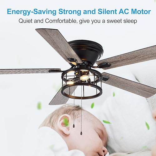 Miniatura 4 de Ventilador de techo de montaje empotrado de 52 pulgadas con cadena de luz, 5 cuchillas reversibles, lámpara de techo de iluminación de cristal de