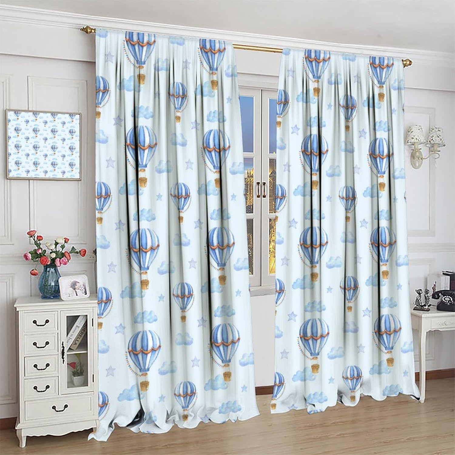 Blue Hot Air Balloons Curtains for Kids Boys Girls Bedroom Decor Cartoon Sketches Clouds Stars Printed Rod Pocket Blackout Window Drapes for Living Room Kitchen Cafe W42xL84in 2 Panels
