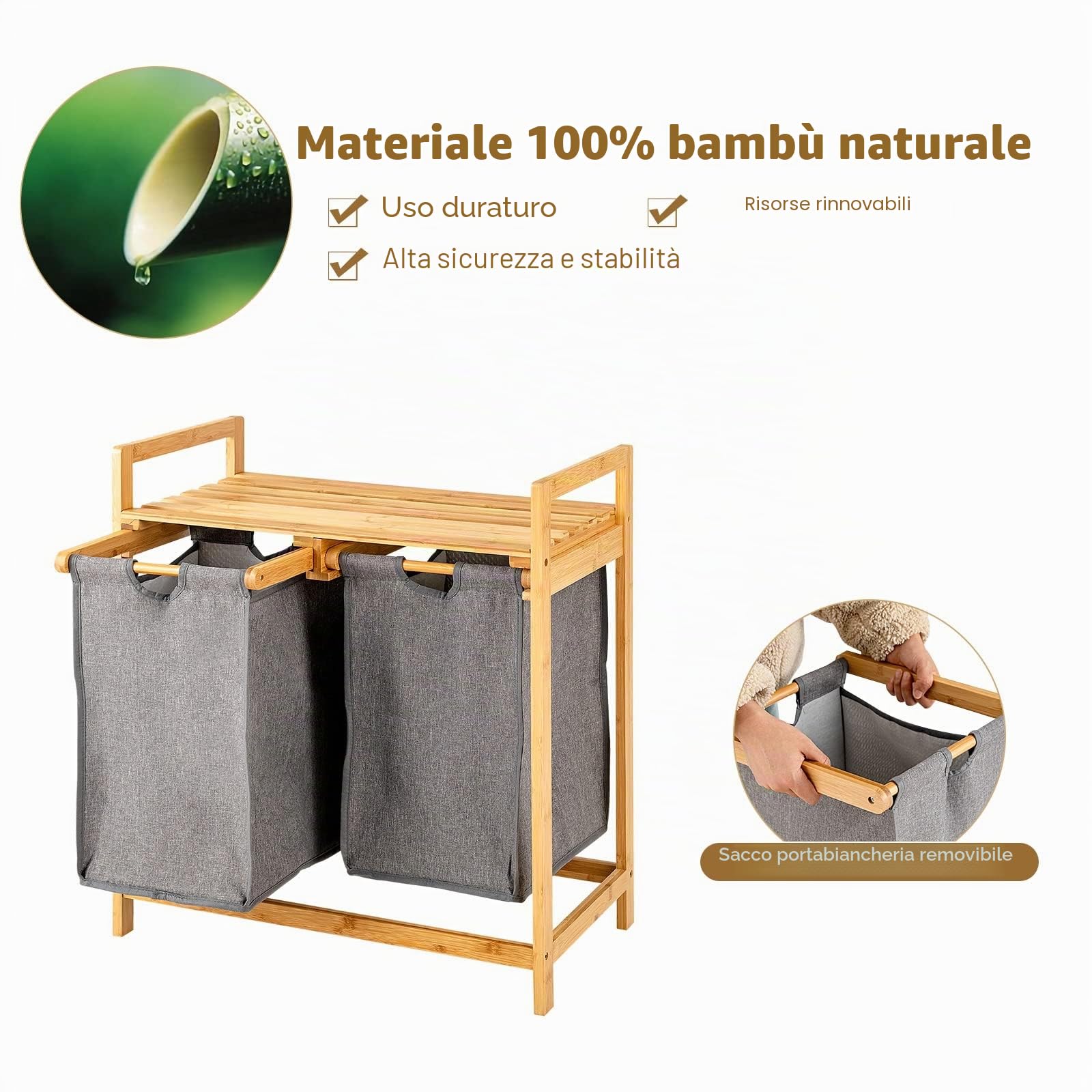 GIANTEX Armadietto per la biancheria con 2 cesti per la biancheria, 2 scomparti e ripiano, in bambù, per il bagno, 64 x 33 x 73 cm (Naturale)