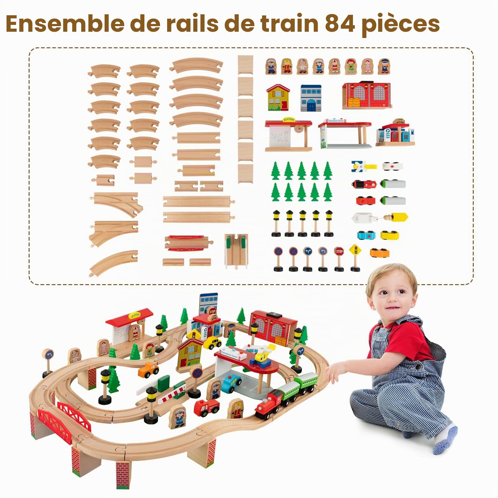 LIFEZEAL Train Circuit, Table de Jeu avec Chemin de Fer en Bois, Ensemble de 84 Jouets avec Tiroir de Rangement Mobile, Table d’Activité Multifonctionnelle pour Enfants 3+ Ans