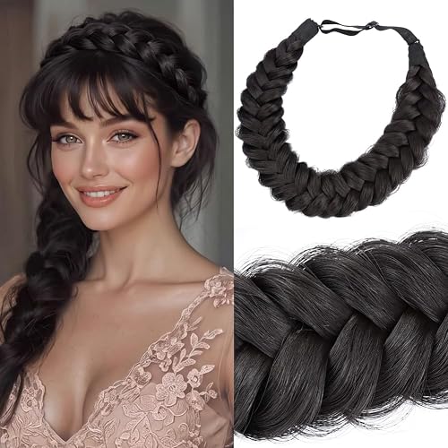 Messy Wide 2 Strands Synthetic Hair Braided Headband Classic Hair Braid Headband Elastic Stretch Braid Headbands for Women (Deep Brown)