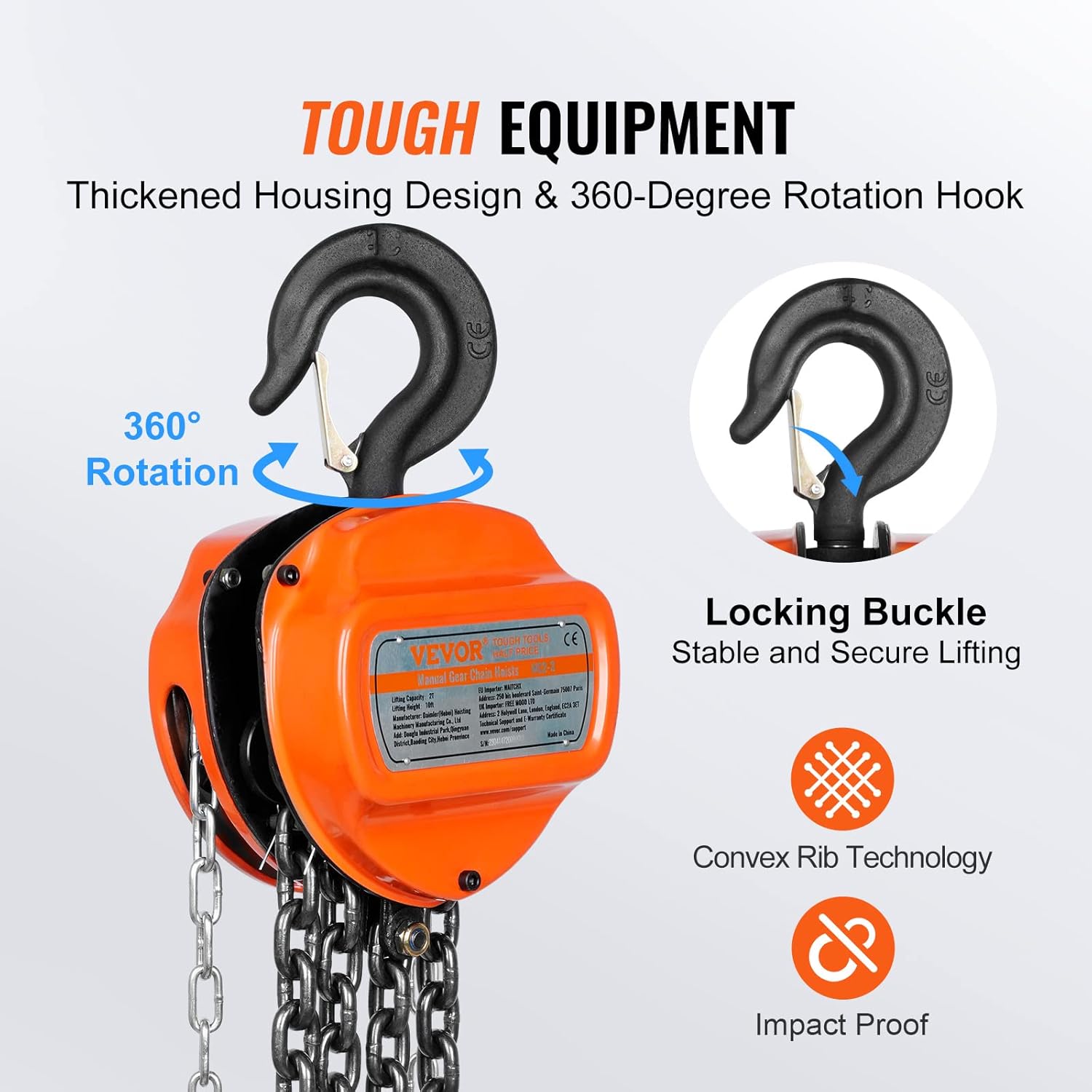 VEVOR Hand Chain Hoist, 2 Ton 4400 lbs Capacity 10 FT Come Along, G80 Galvanized Carbon Steel with Double-Pawl Brake, Auto Chain Leading & 360° Rotation Hook, for Garage Factory Dock