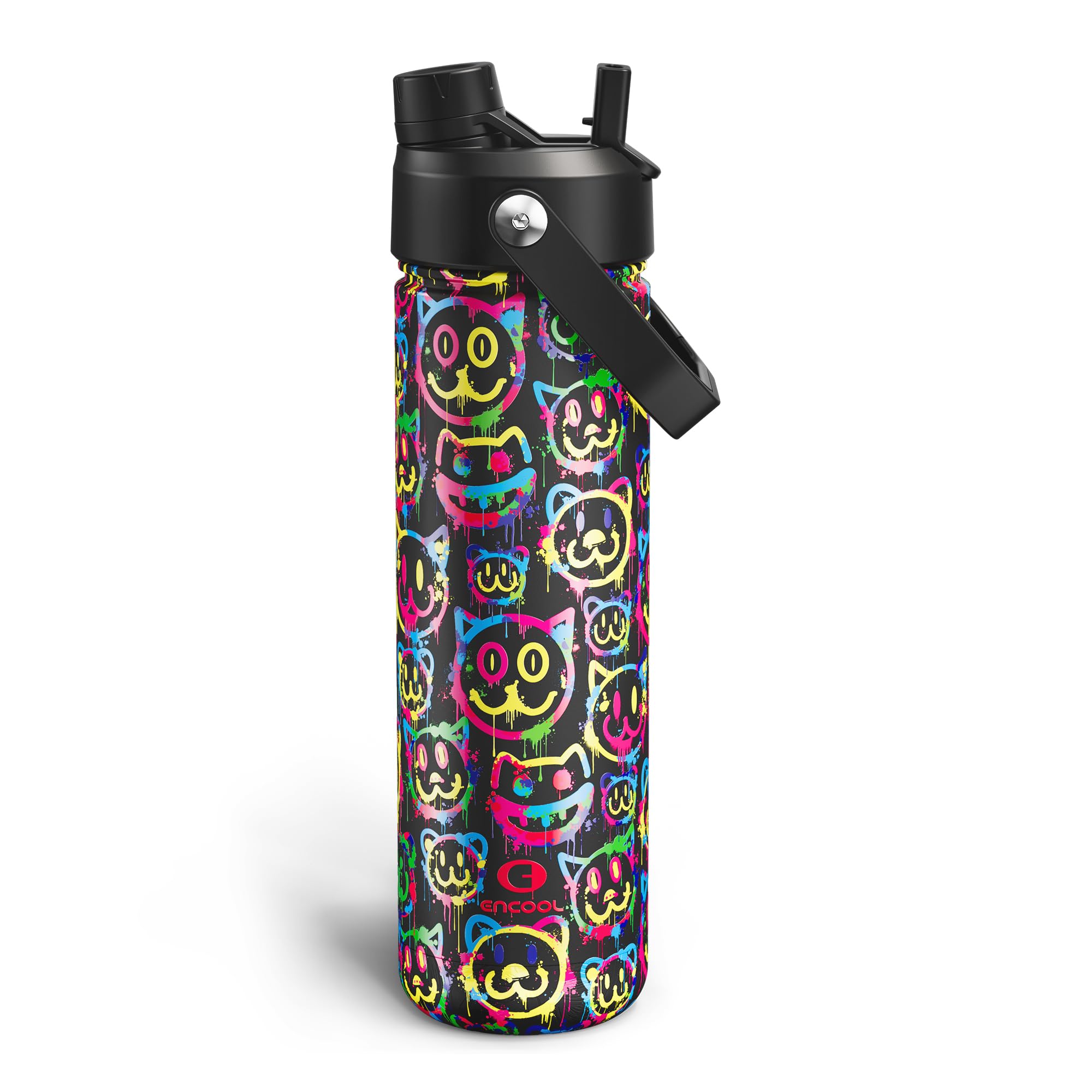 ENCOOL Insulated Water Bottle with Straw Stainless Steel Water Bottle, Leak-Proof, BPA-Free, Double Wall Vacuum Keeps Cold for 24 Hours for Sports, Travel, School (26 oz, Neon Smiley)