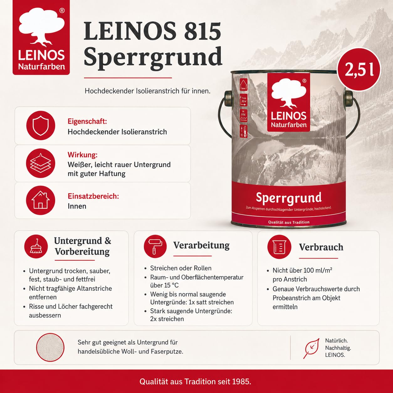 LEINOS 815 Sperrgrund 2,5 l | Hochdeckend: Erzeugt einen weißen, leicht rauen Untergrund, der für nachfolgende Anstriche gute Haftung bietet
