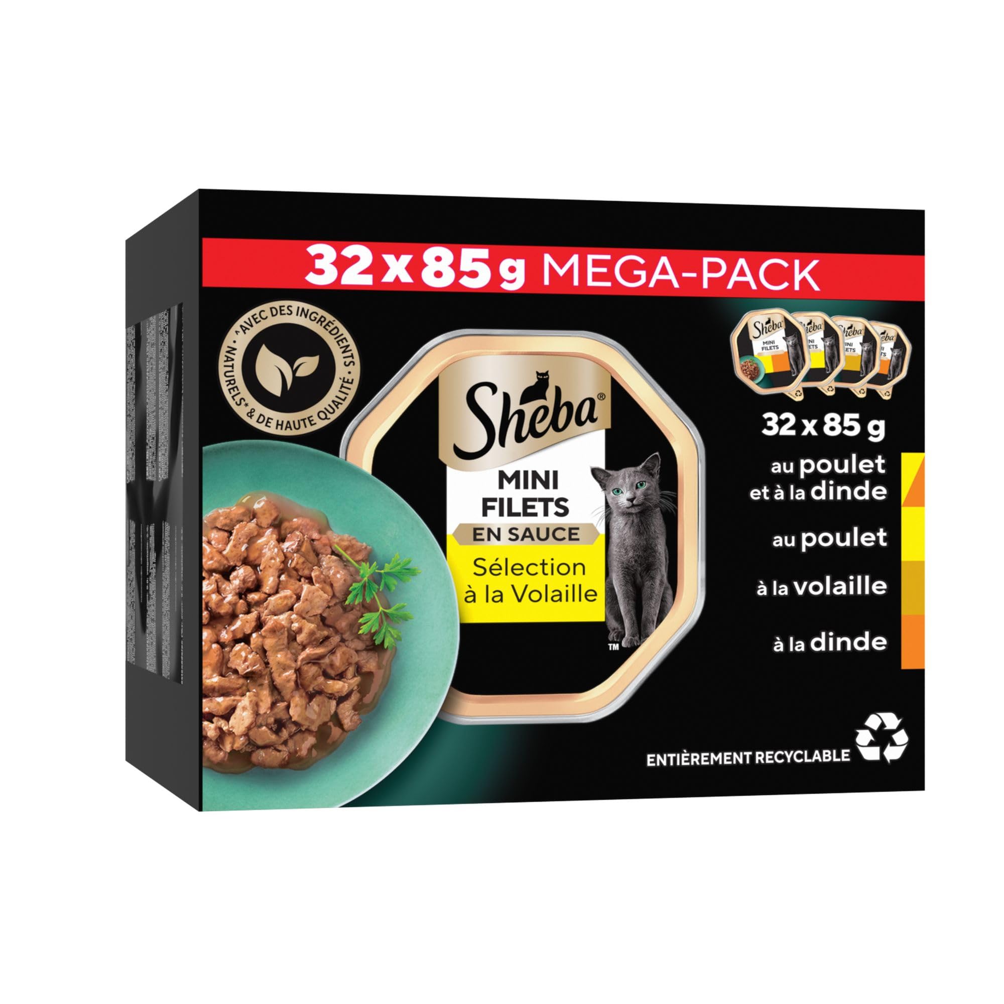 Sheba Mini Filets en Sauce Sélection à la Volaille barquettes pour Chat Adulte 4 variétés Mega Pack 32x85g