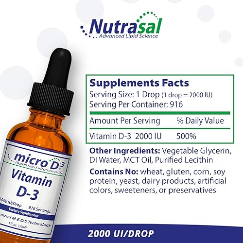 Miniatura 2 de Nutrasal Micro D3 Vitamina D-3 Gotas – Alto Concentrado (2 Millones de UI) Vitamina D3 con Nano Tecnología y hasta 10 veces más absorción -1 oz (1.0