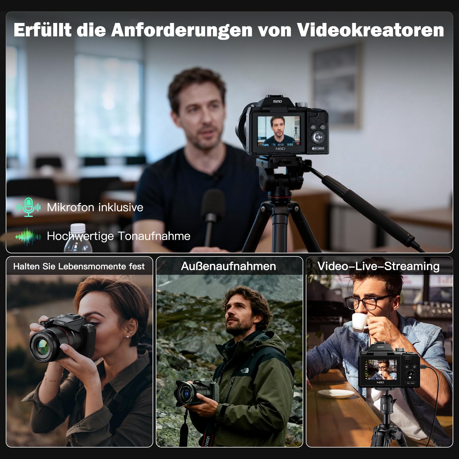 NBD 8K Digitalkamera 64MP mit 16X Optischem Zoom & Hot Shoe, 3" 180° Drehdisplay, Wi-Fi, v. 64GB TF-Karte + Wartungskit (Schwarz)