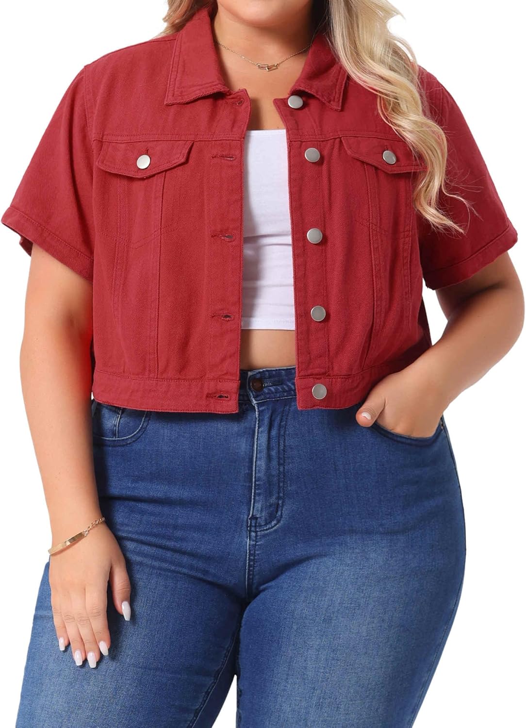 Agnes Orinda Plus Size Denim Jacket for Women Short Sleeves Button Down Cropped Jean Jackets