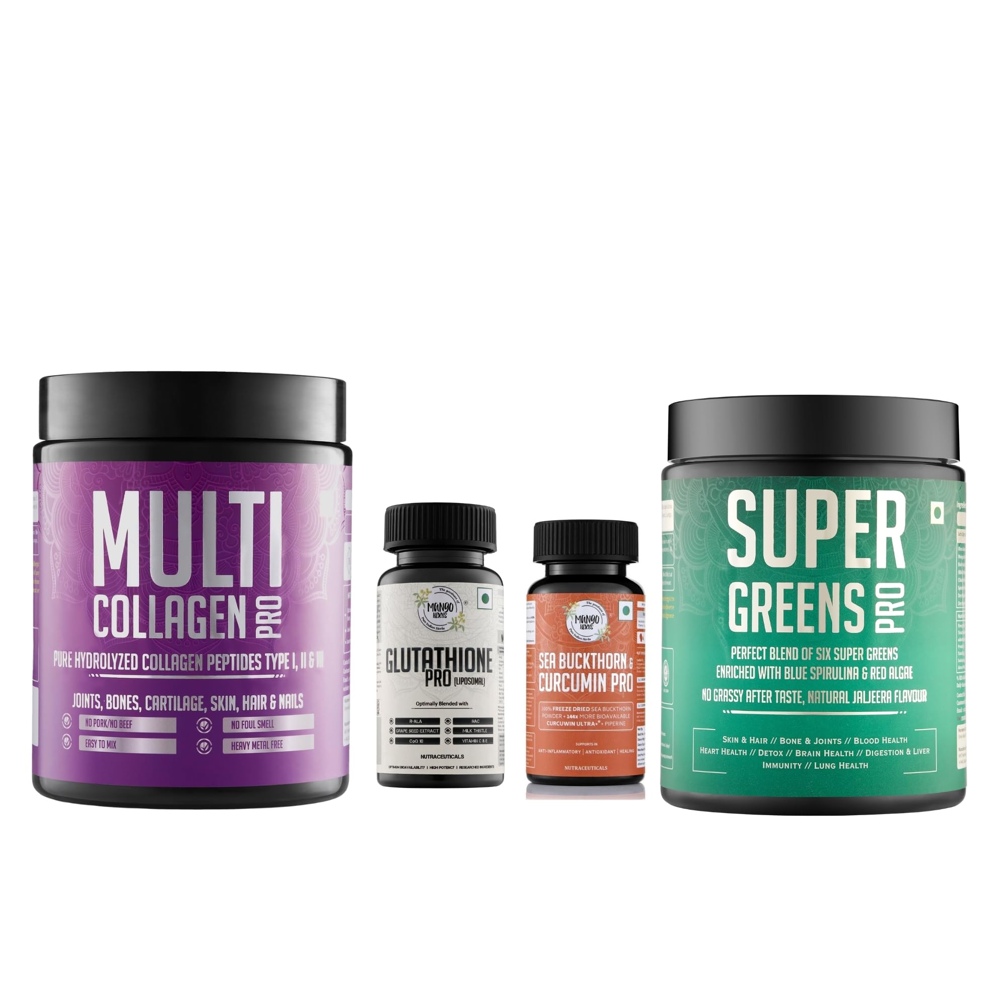 Mango Herbs Skin Ultimate Combo | Glutathione Pro + Multi Collagen Pro + Super Greens Pro + Sea Buckthorn & Curcumin Pro