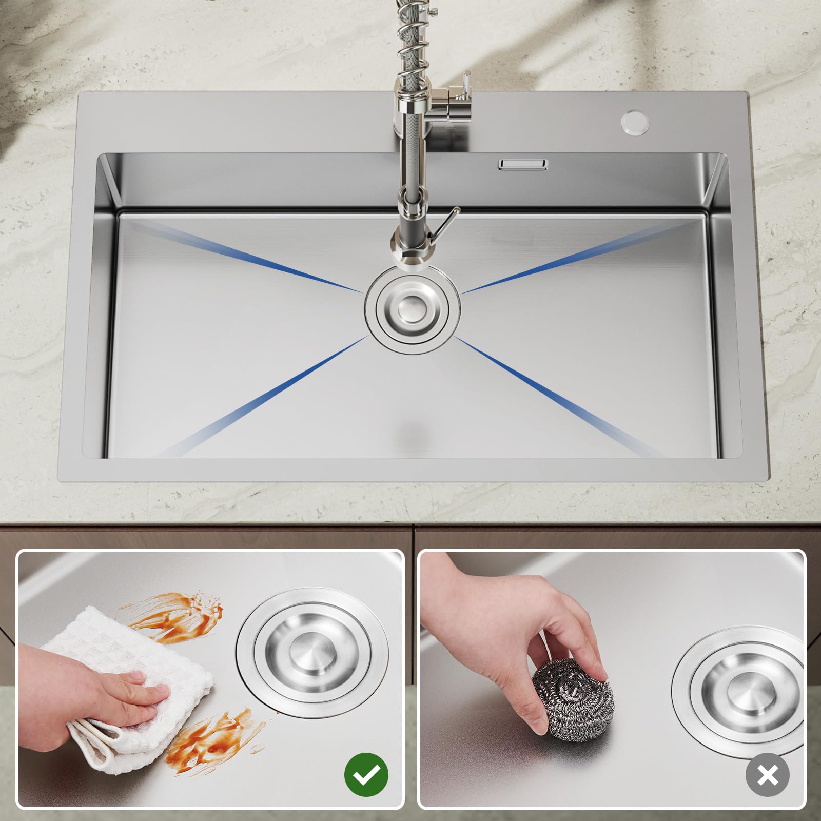 CECIPA Lavello Cucina 1 Vasca 75x45 cm, Lavandino Cucina con Tenda a Rullo Scarico, Lavello in Acciaio Inox 304 per Mobile di lunghezza 80cm con Sifone e Scarico