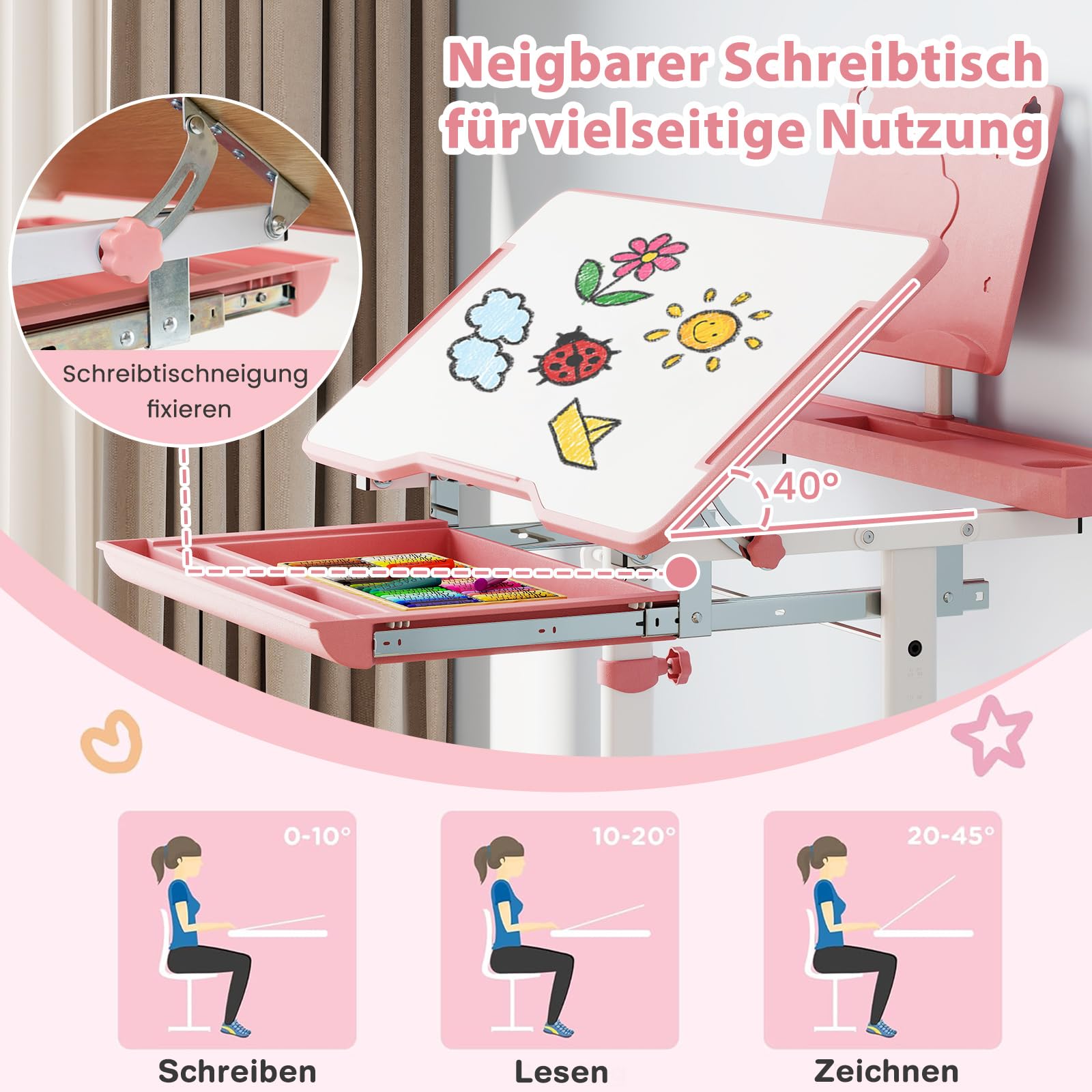COSTWAY Schreibtisch Kinder mit Stuhl, Kinderschreibtisch höhenverstellbar mit neigbarer Tischplatte, Jugendschreibtisch mit Schublade & Buchständer für Jungen & Mädchen ab 3 Jahren (Rosa)