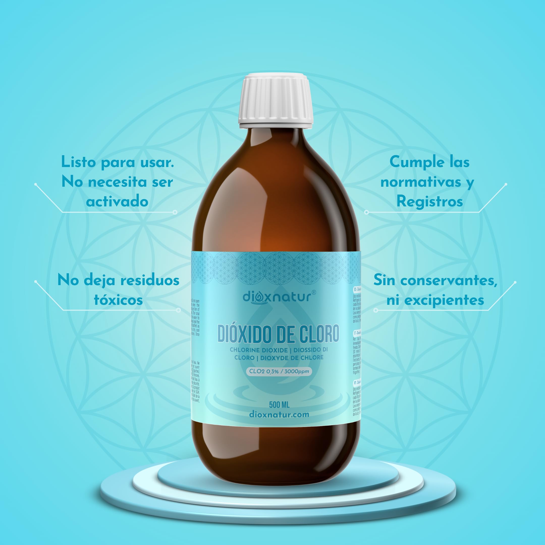 Dióxido de Cloro 500 ml 3000 ppm tamaño Ahorro CDS Fabricado y registrado en España Botella de Vidrio ámbar. Incluye Jeringa 10ml