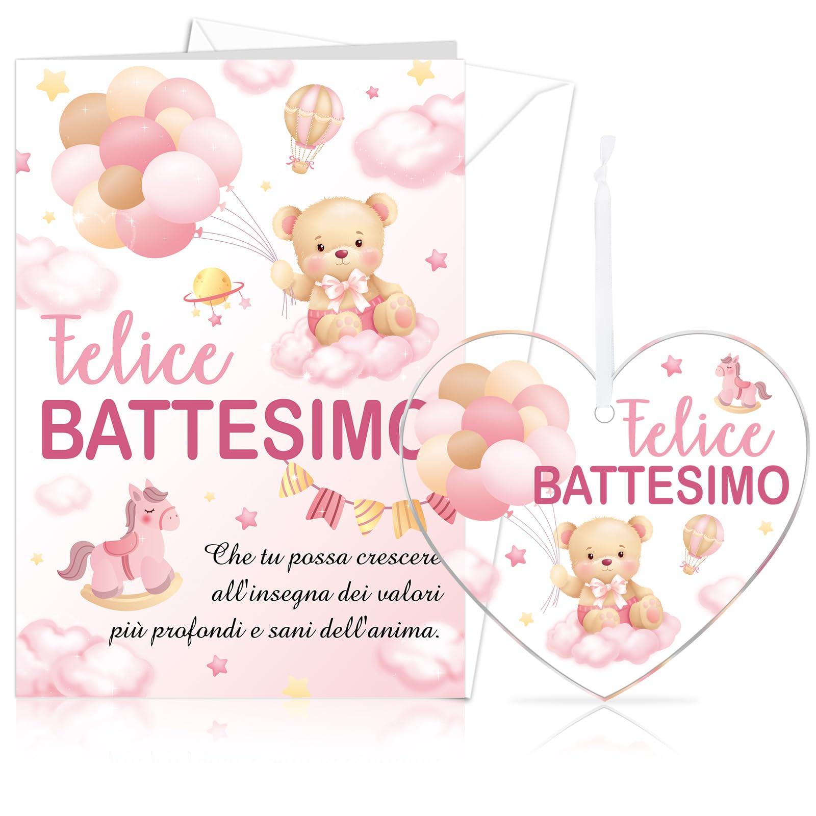HOWAF Biglietto Battesimo Bimba con Busta, Biglietti Battesimo Bimba, Biglietto Auguri Battesimo Bimba con Ornamenti Battesimo in Acrilico per Regalo Battesimo Bimba, Regali Battesimo Bimba