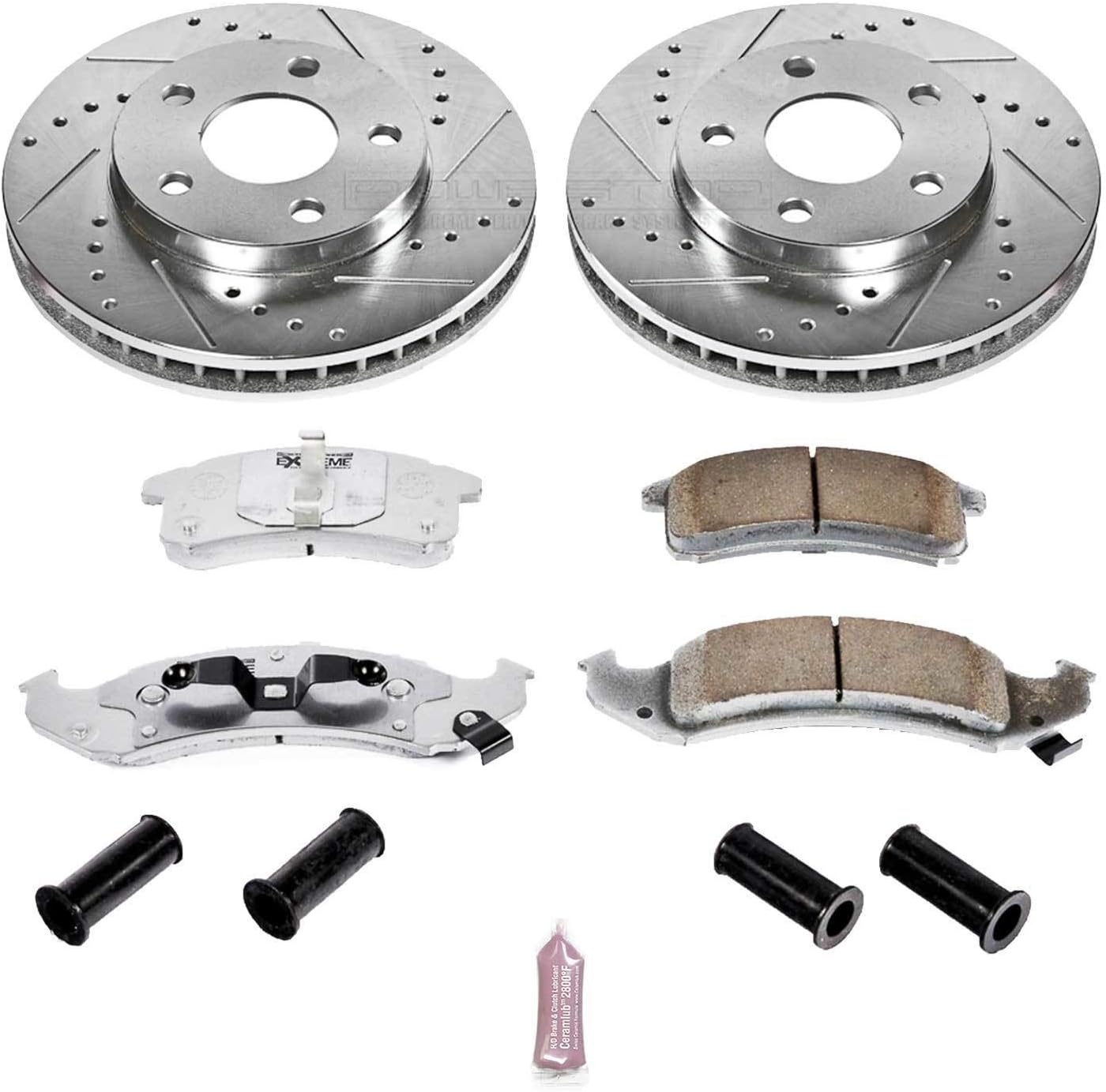 PowerStop Front Brake Kit For Buick LeSabre 1994-99 |Park Avenue 1994-96 |Riviera 1995-96 |Cadillac DeVille 1994-96 - Carbon Fiber Ceramic Brake Pads + Drilled & Slotted Rotors Upgrade, K1534-26