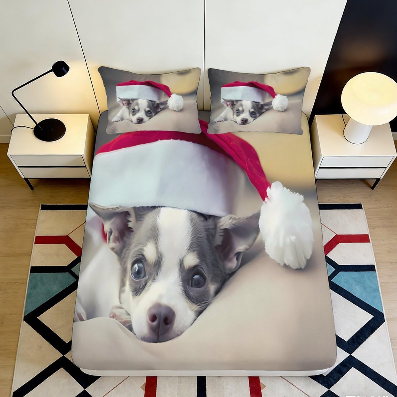 3D Printed Christmas Puppy Fitted Sheet Microfiber Soft Anti-Slip Santa Hat Bed Cover for Bedroom Guest Room Decor 140x200x25cm